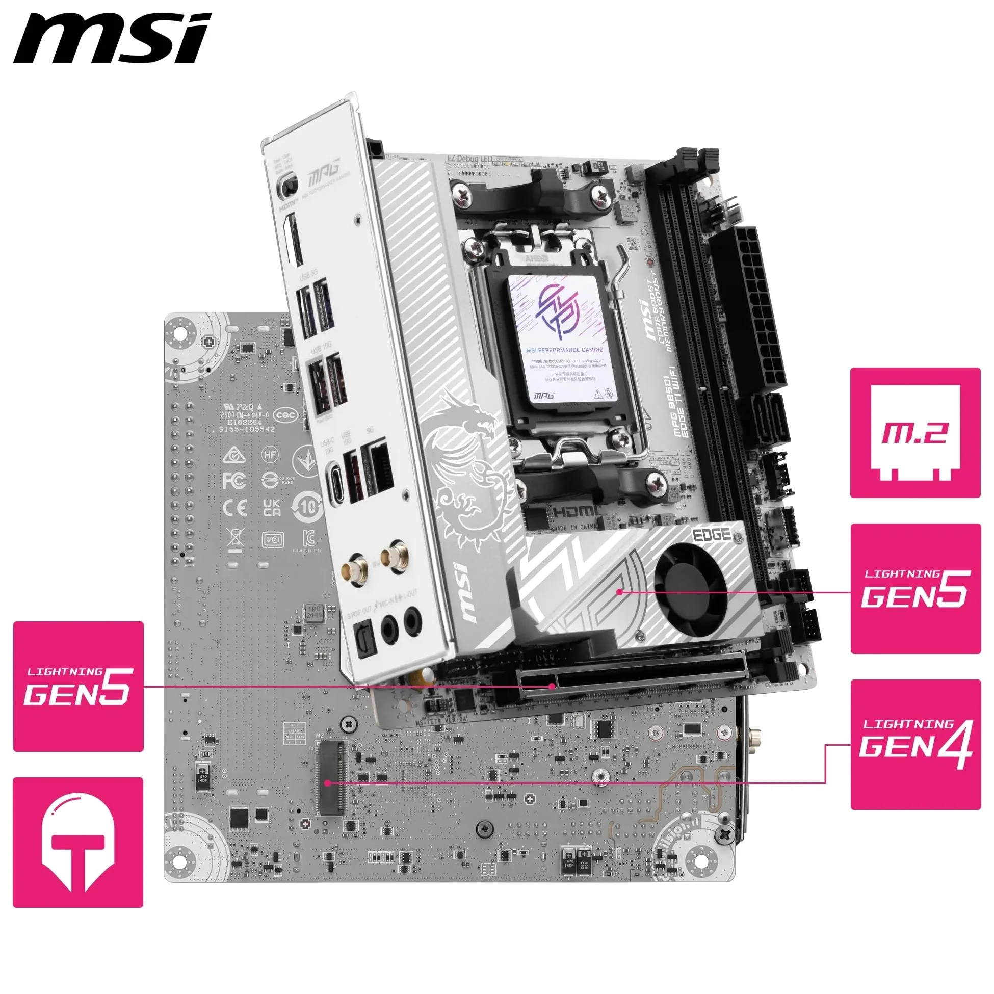 MSI Płyta główna MPG B850I EDGE TI WIFI, ATX - Obsługuje procesory AMD Ryzen 9000/8000/7000, AM5-90A SPS VRM, DDR5 Memory Boost (8200+MT/s OC), PCIe 5.0 x16, M.2 Gen5, Wi-Fi 7, 5G LAN