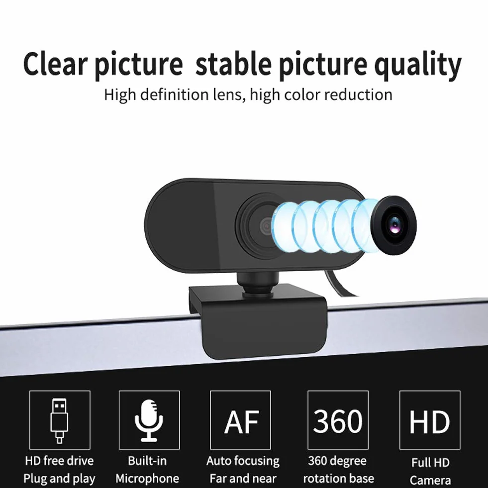 Kamera Internetowa USB 1080P z Mikrofonem, Obrót 360 Stopni, do Wideokonferencji (Czarny)