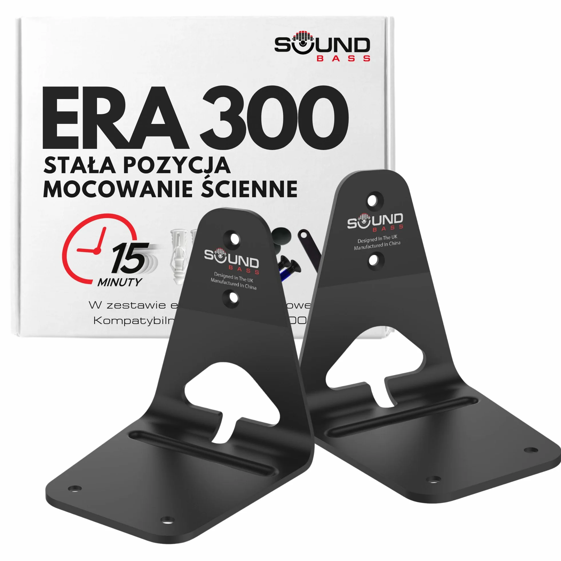 Sound Bass ERA300 Uchwyt Ścienny, Niski Profil, Czarny, Zestaw Podwójny, Kompatybilny z Głośnikiem Sonos ERA 300, Kompletny ze Wszystkimi Elementami Montażowymi