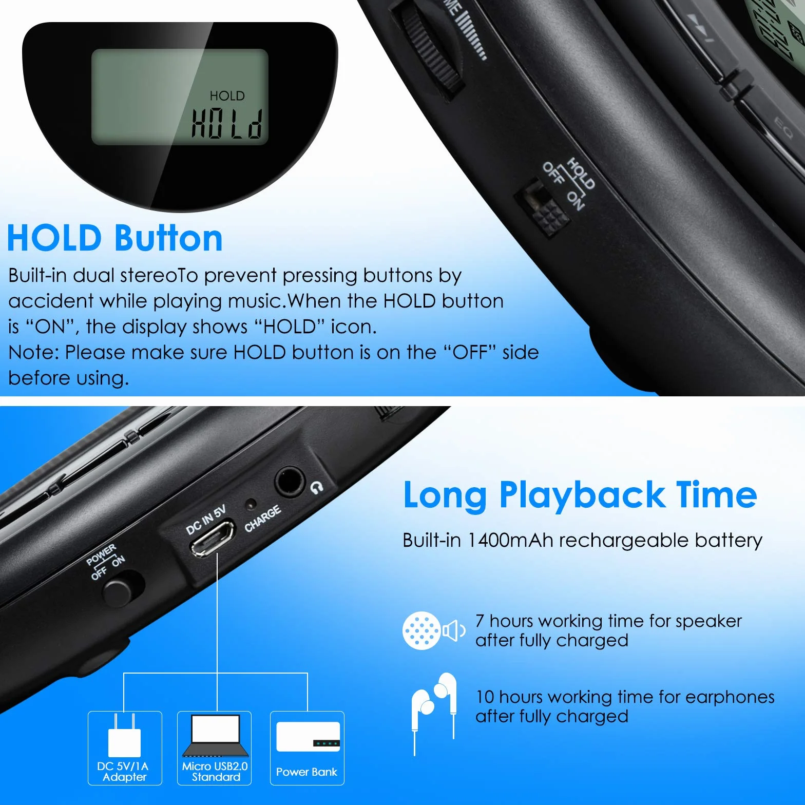 Gueray Przenośny odtwarzacz CD z głośnikiem Discman z wbudowaną baterią litową 1400 mAh, obsługuje karty TF ze słuchawkami i kablem AUX 3,5 do 3,5 mm dla dzieci, audiobooków, słuchania muzyki