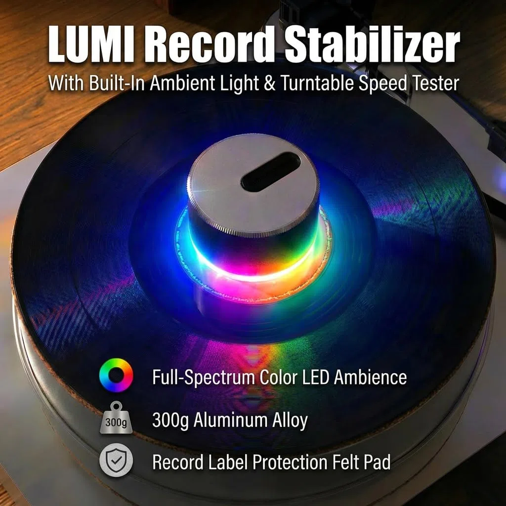 HumminGuru LUMI Stabilizator Ciężaru Płyty i Tester Prędkości Gramofonu Dysk Stroboskopowy i Światło 33/45/78 RPM | LP 300 g Aluminiowy Zacisk Ciężarków Lampa Oświetlenia Ambientowego 9 LED Kolorów