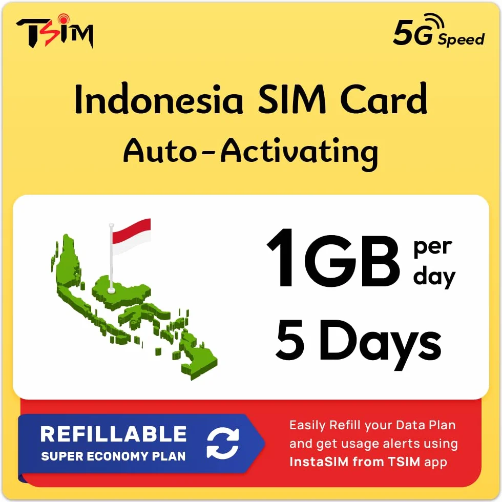 Indonezja Data Sim Card | 5 dni 1 GB/dzień | Automatyczna aktywacja | Prędkość 5G/4G | Dozwolony hotspot | Brak numeru telefonu | Plan do ponownego napełniania za pośrednictwem aplikacji Insta Sim