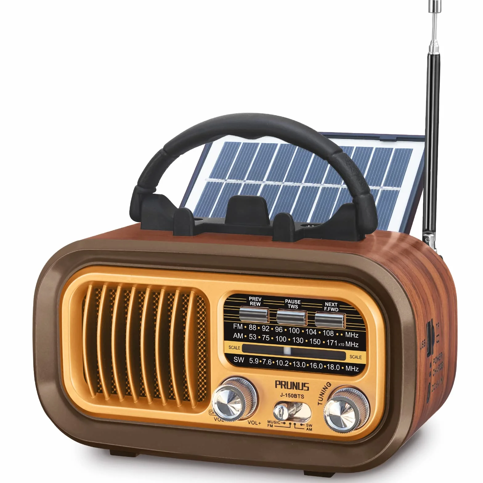 PRUNUS J-150 Radio przenośne retro, AM/FM/SW małe radio Bluetooth, na baterie 1200 mAh z akumulatorem lub bateriami D-Cell, z panelem słonecznym, radio na energię słoneczną, obsługuje USB/karty TF