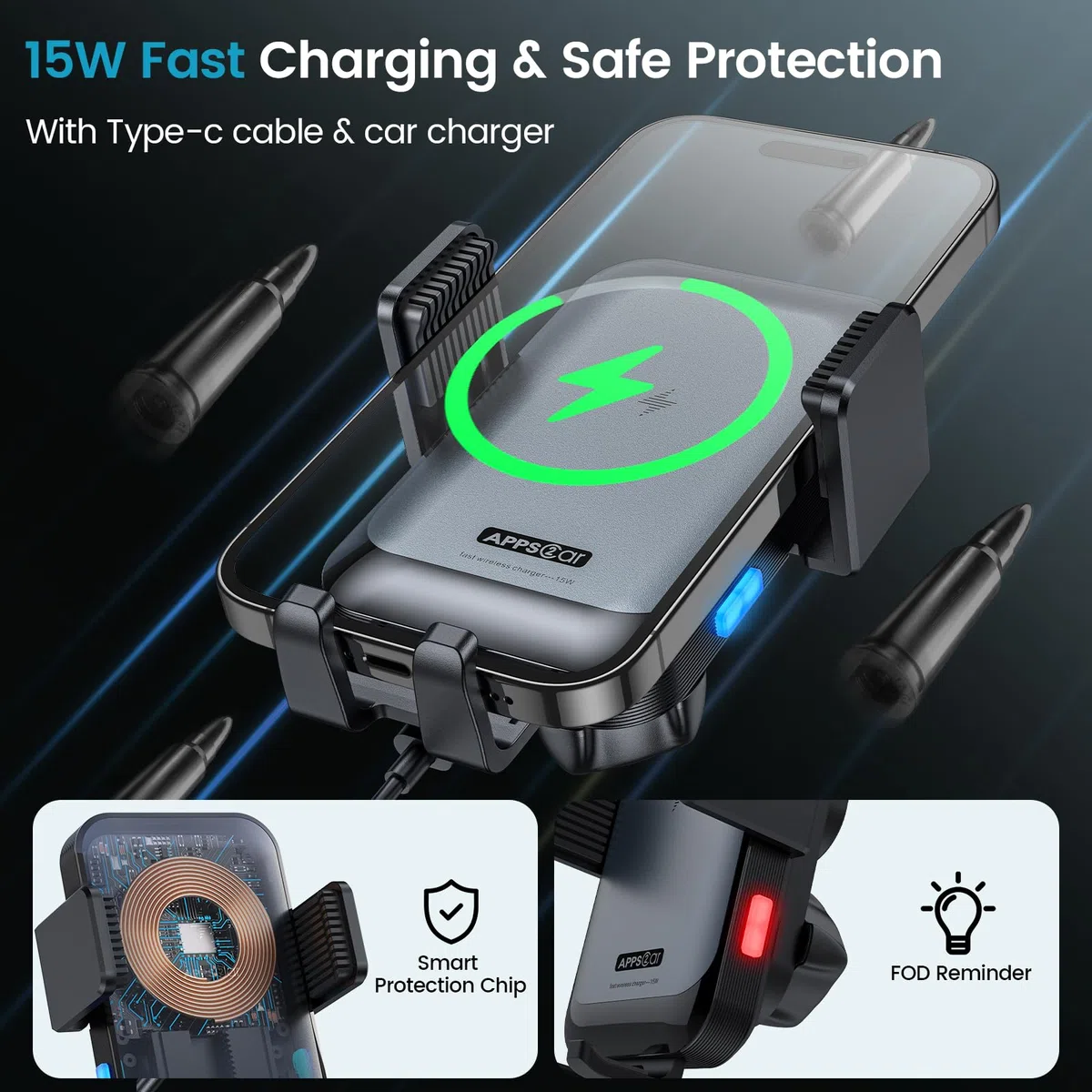 APPS2Car Bezprzewodowa ładowarka samochodowa z gniazdem CD, automatyczna blokada, szybkie ładowanie 15 W, samochodowy uchwyt na telefon kompatybilny z iPhone 16 15 14 13 12 Pro Max, Samsung | Wytrzymały uchwyt samochodowy na telefon do iPhone'a 17 16 15 1