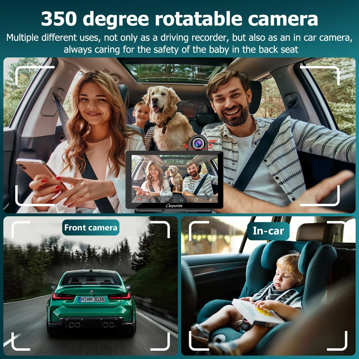 Carpuride W703 przenośny bezprzewodowy system Carplay i Android Auto z kamerą rozdzielczą – 7-calowy ekran HD IPS, kamera przednia 4K i kamera cofania 1080p, nagrywanie w pętli, GPS, Siri, muzyka,