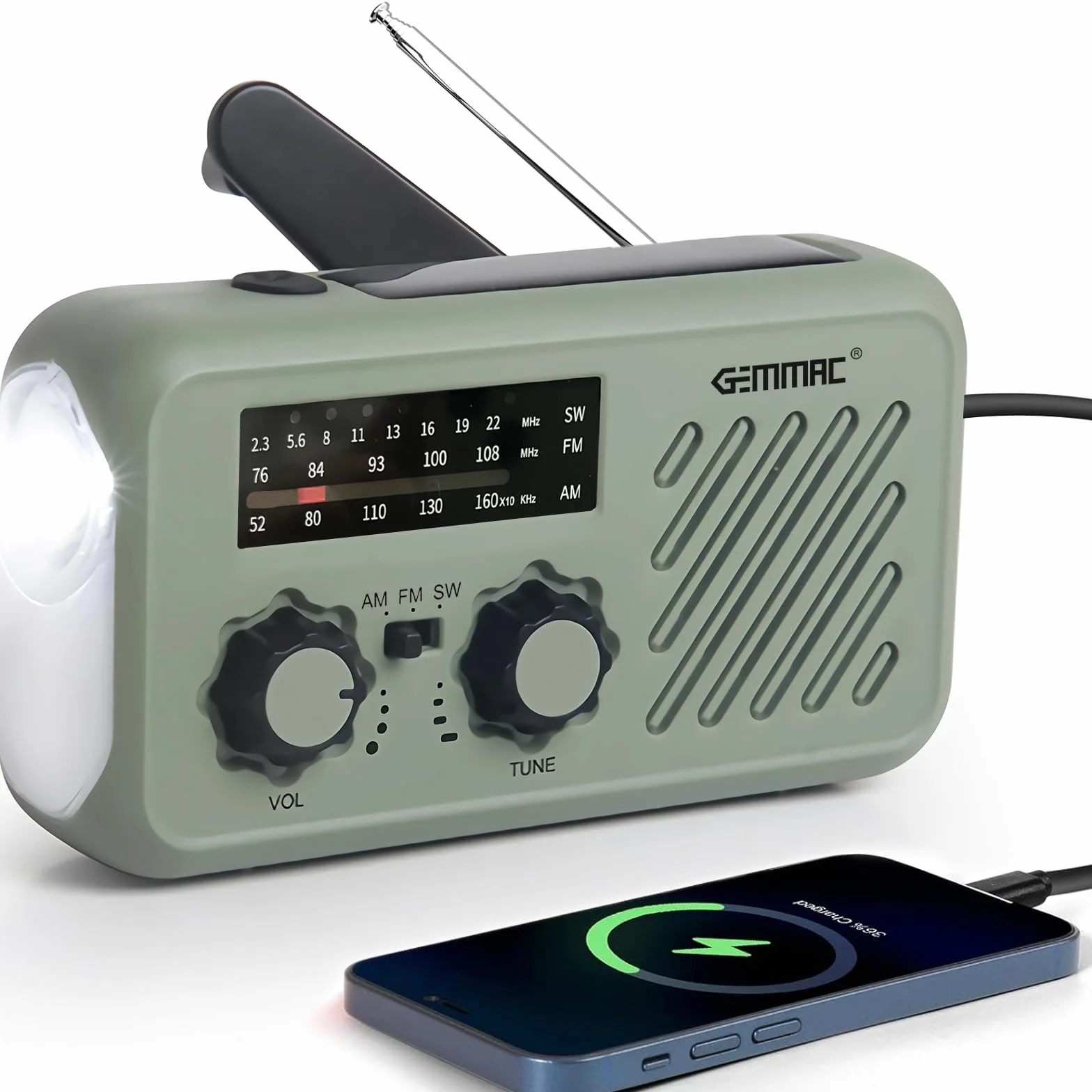 Gemmac Radio Awaryjne, 3-Drożne ładowanie Awaryjne, Akumulator 2000 mAh Radio Korbowe, ładowarka Solarna, Power Bank Radio USB AM/FM z Alarmem SOS i Wejściem Słuchawkowym, Latarka