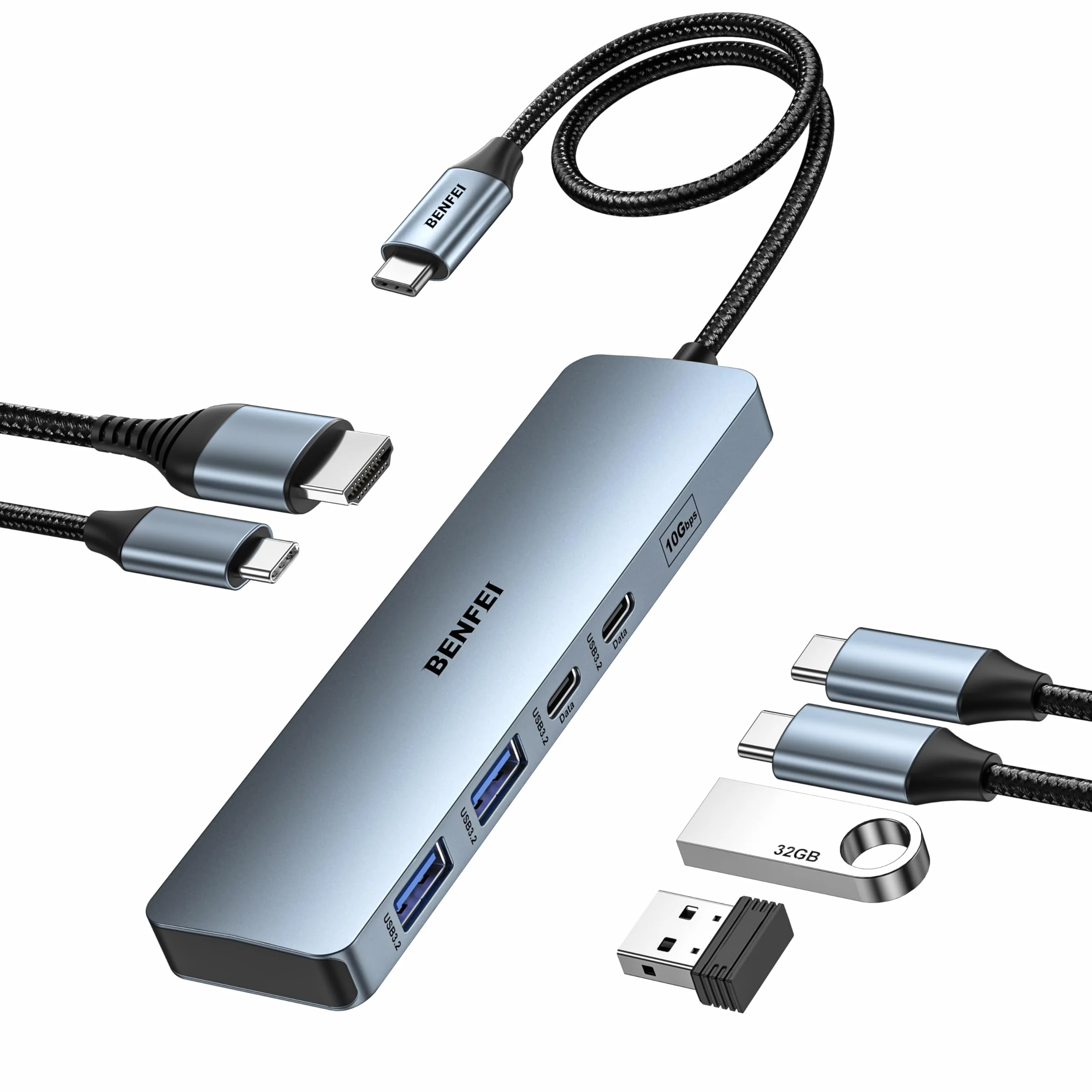BENFEI USB C Hub 6 w 1 HDMI 4K@60Hz 100W 10 Gb/s USB-A USB-C Aluminium
