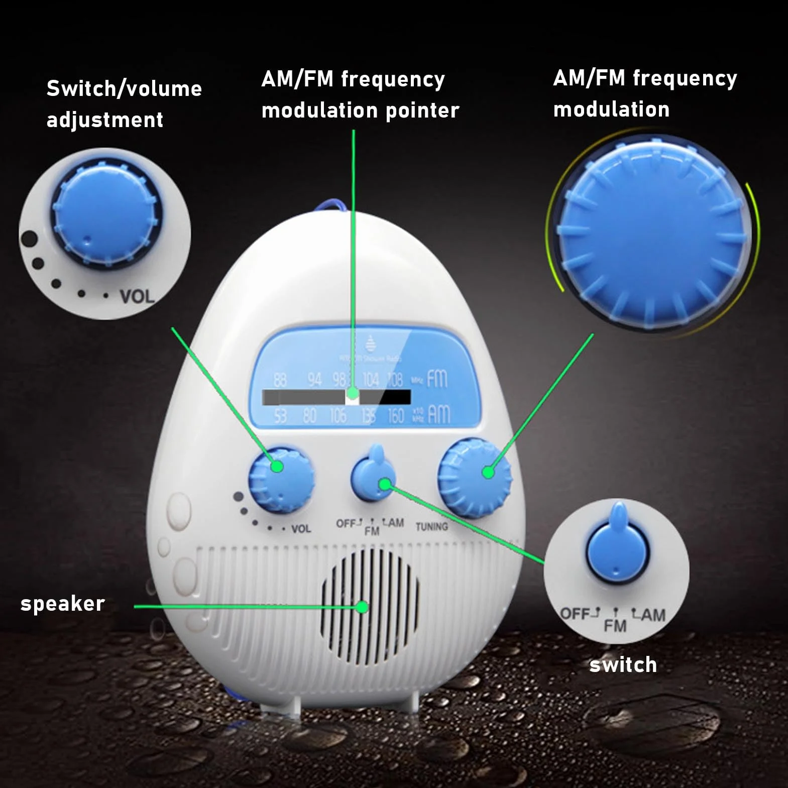 AM FM Shower Radio Wbudowany Głośnik, Wodoodporne Wiszące Radio łazienkowe z Obrotowym Pokrętłem dla łatwej Kontroli Objętości Tuningu, Mini Przenośne Radio z Akumulatorem