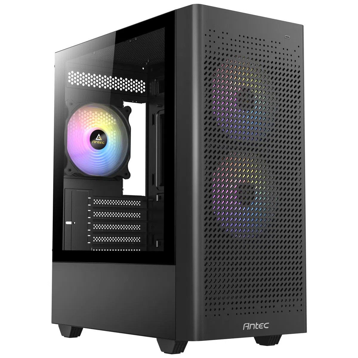 ANTEC NX500M ARGB, panel przedni z siatki o wysokim przepływie powietrza, typ C 3.2 Gen2 Ready, 3 x wentylatory ARGB 120 mm w zestawie, panel boczny ze szkła hartowanego, do 6 wentylatorów, obsługa