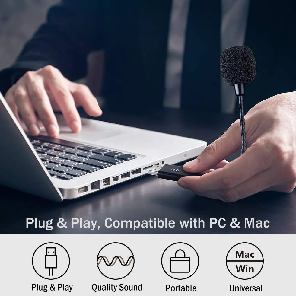 Bezprzewodowy mikrofon USB do laptopa i komputera stacjonarnego, z gęsią szyją i wbudowaną kartą dźwiękową, kompatybilny z Windows PC i Mac, mały rozmiar, Plug and Play, idealny mikrofon pojemnościowy