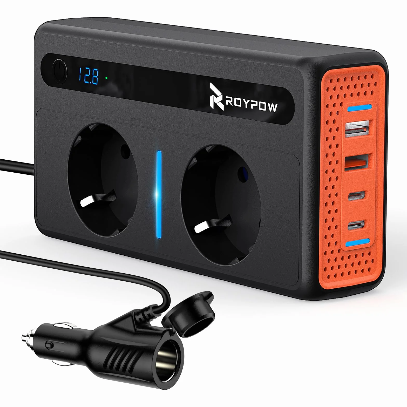 RoyPow Samochodowa przetwornica napięcia 300 W, falownik DC 12 V na AC 230 V z 2 gniazdami i 4 portami USB, szybkie ładowanie, ładowarka samochodowa z wtyczką do zapalniczki samochodowej