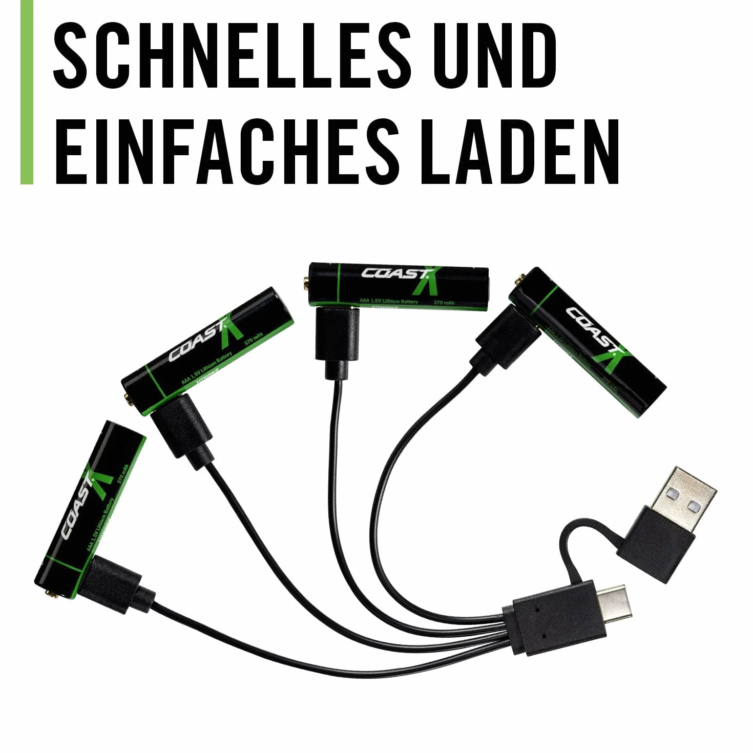 Coast Akumulator AAA USB-C Lithion-X, litowo-jonowy, 1,5 V, 750 mAh, trwałe, ładowanie w ciągu 1,3 godziny, kabel do ładowania w zestawie, 4 sztuki