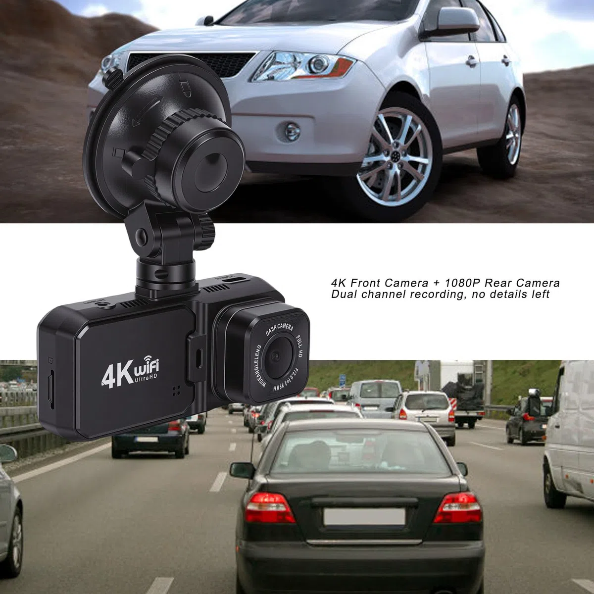 Bewinner Przednia Kamera Samochodowa 4K 1080P z Tyłu, 3-calowy Ekran WiFi i Rejestrator Jazdy Samochodem z Czujnikiem G, Tryb Parkowania, Nagrywanie w Pętli, Wykrywanie Kolizji dla Osób