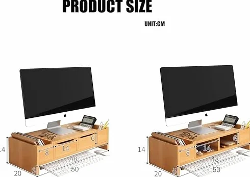 Drewniany stojak na monitor z szufladą, 2-poziomowy pulpit do oszczędzania miejsca, idealny do komputera, telewizora z płaskim ekranem, domowego biura i konfiguracji gier
