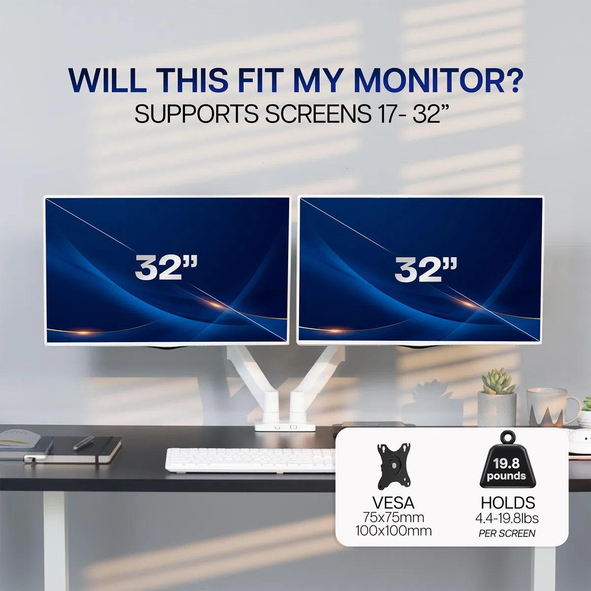 VIVO podwójny uchwyt na monitor o przekątnej ekranu do 32 cali i 9 kg na monitor, mechaniczny uchwyt biurkowy, przeciwwaga przegubowa, stojak VESA, klasyczny, biały STAND-V002OW