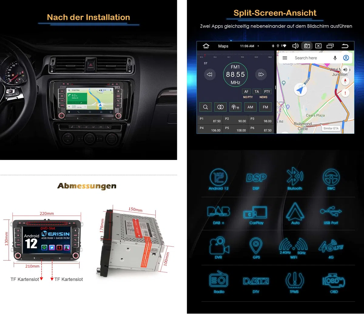 Erisin 8-rdzeniowy 4 GB + 64 GB Android 13 GPS samochodowy odtwarzacz stereo DVD do VW Passat Golf MK 5/6 T5 Touran Skoda Seat Tiguan Caddy 17.8 cm IPS radio samochodowe GPS nawigacja satelitarna