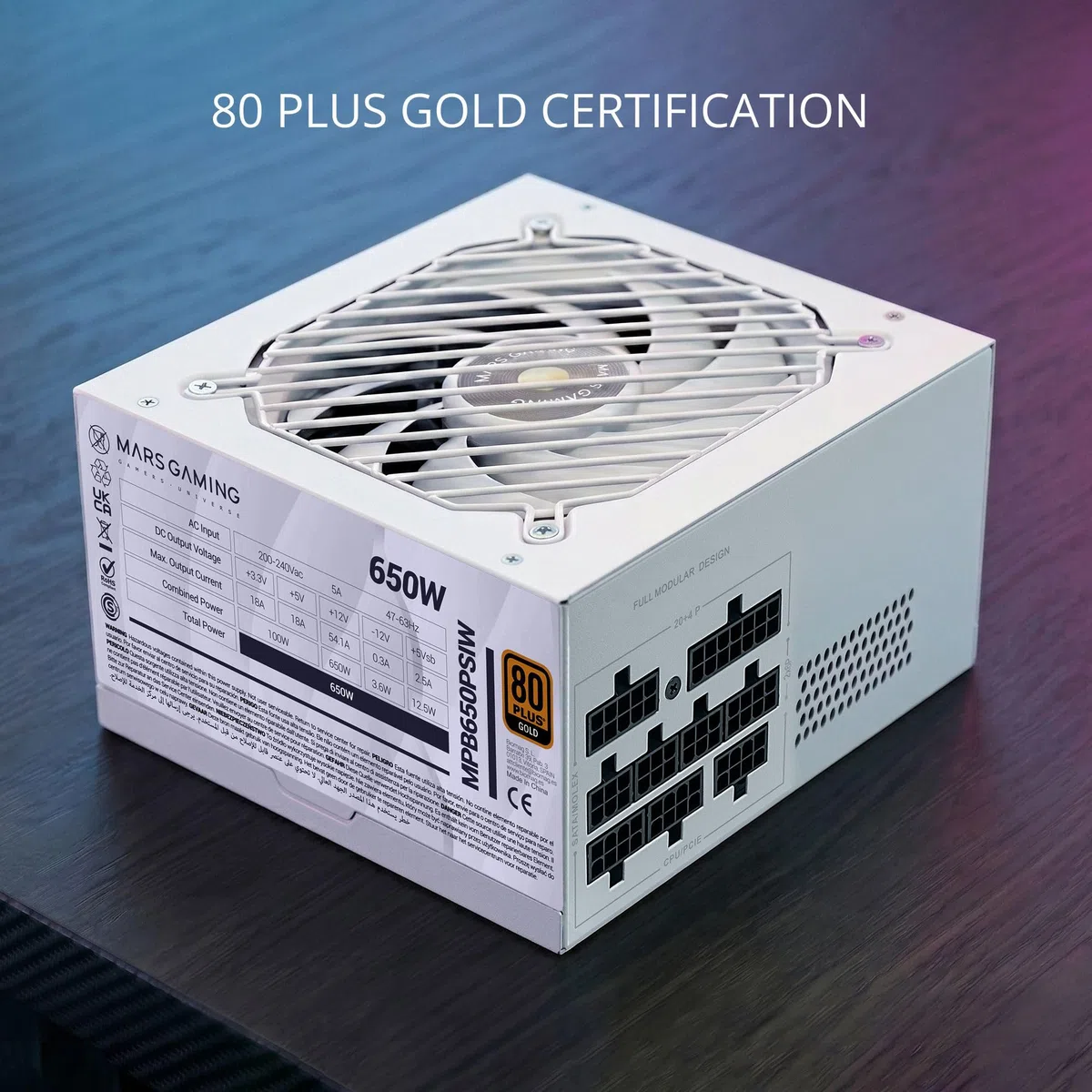 Mars Gaming MPB650PSI, Zasilacz Komputerowy Full Modular 650W, 10 Lat Gwarancji, 80Plus Gold 90%, Wentylator SI Extreme Silence, Technologie AI2-RPM, DC-DC i SMD, ATX 3.1 i PCIe 5.1, Biały