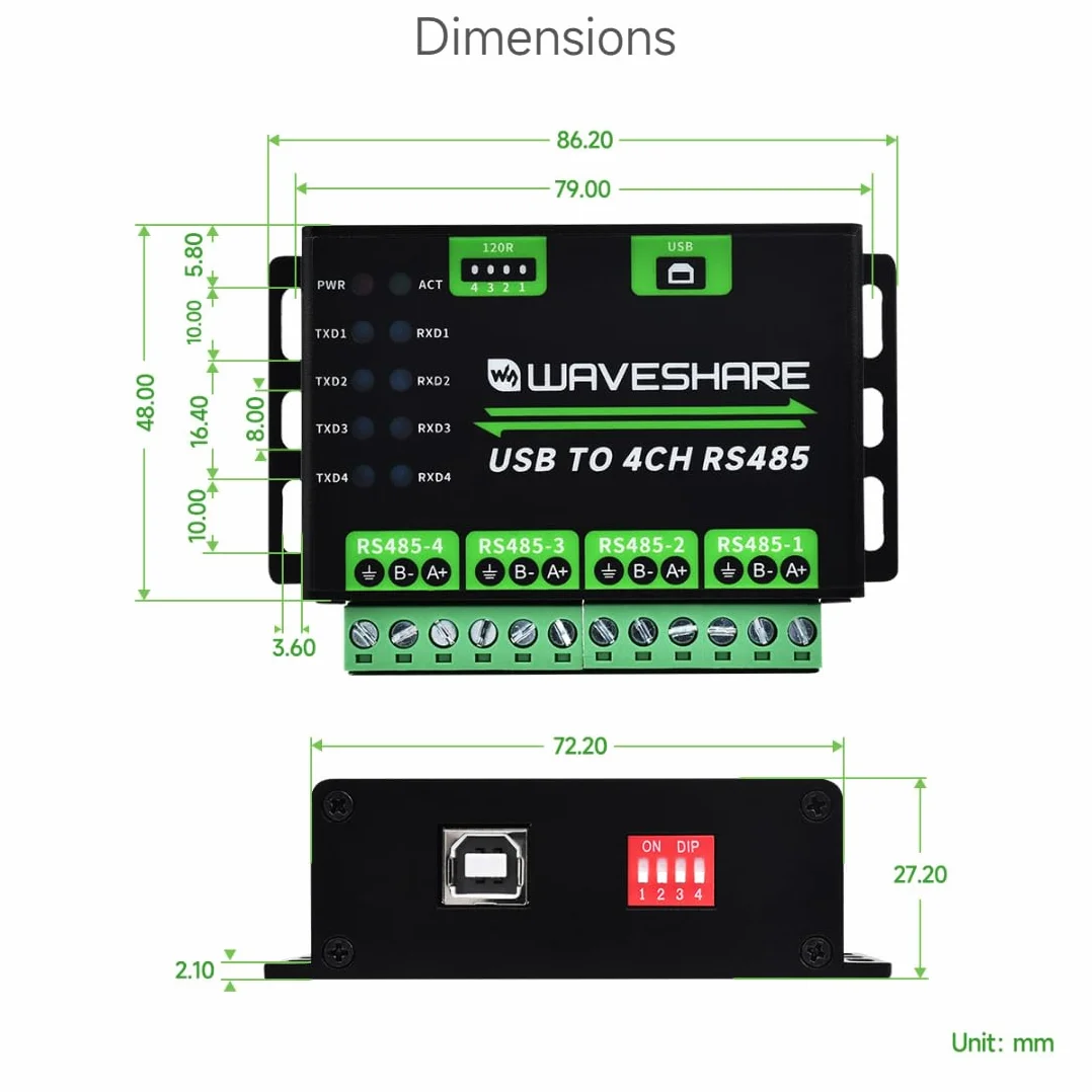 Waveshare Industrial USB TO 4Ch RS485 Converter, Multi Protection Circuits, Multi Systems Support, Aluminium Alloy Case, Wall-Mount and Rail-Mount Support
