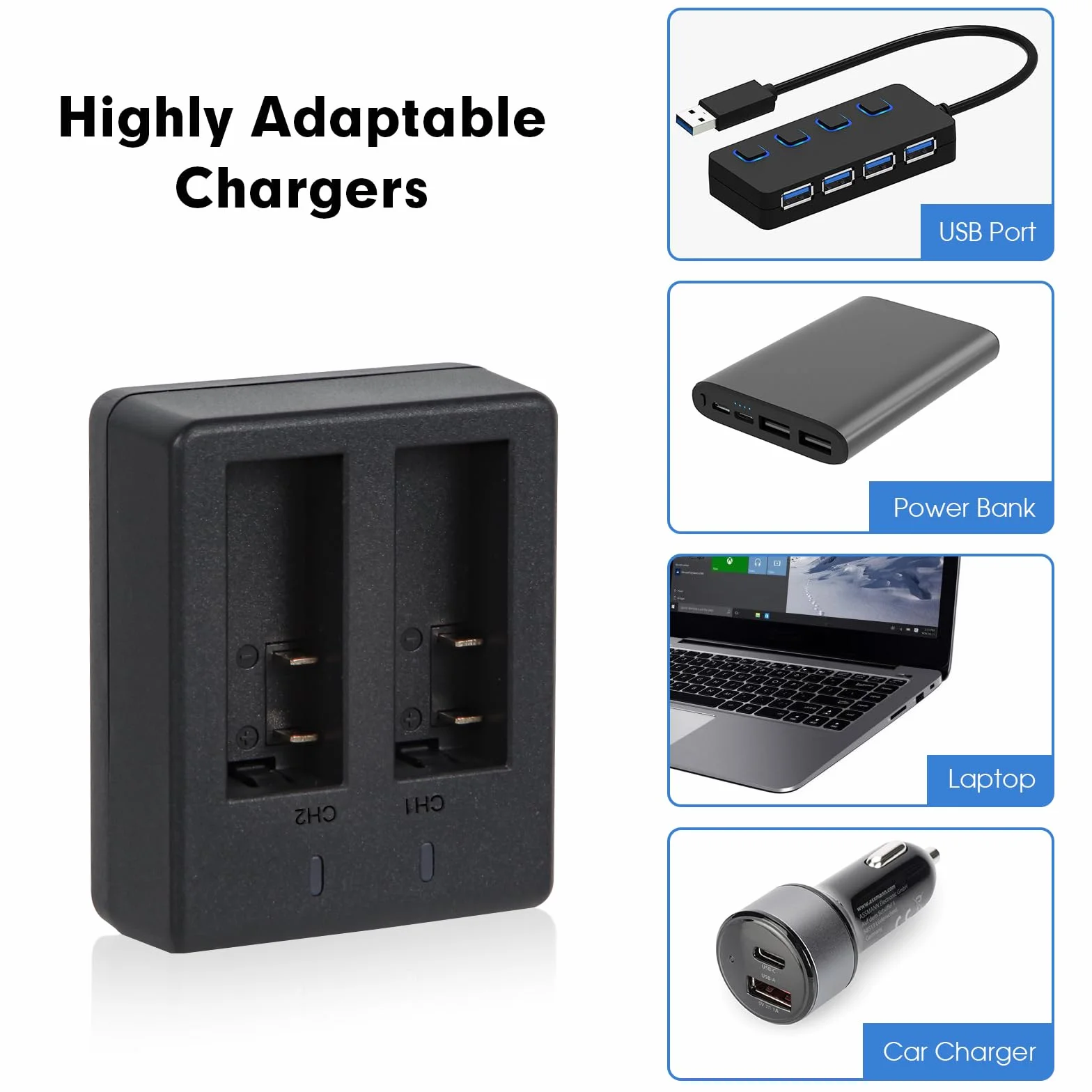 WOLFANG Podwójna Ładowarka z 2 Bateriami 1350mAh, Stacja Ładowania USB-C do Kamer Sportowych GA100, GA120, GA200, GA300, SF230, EK7000