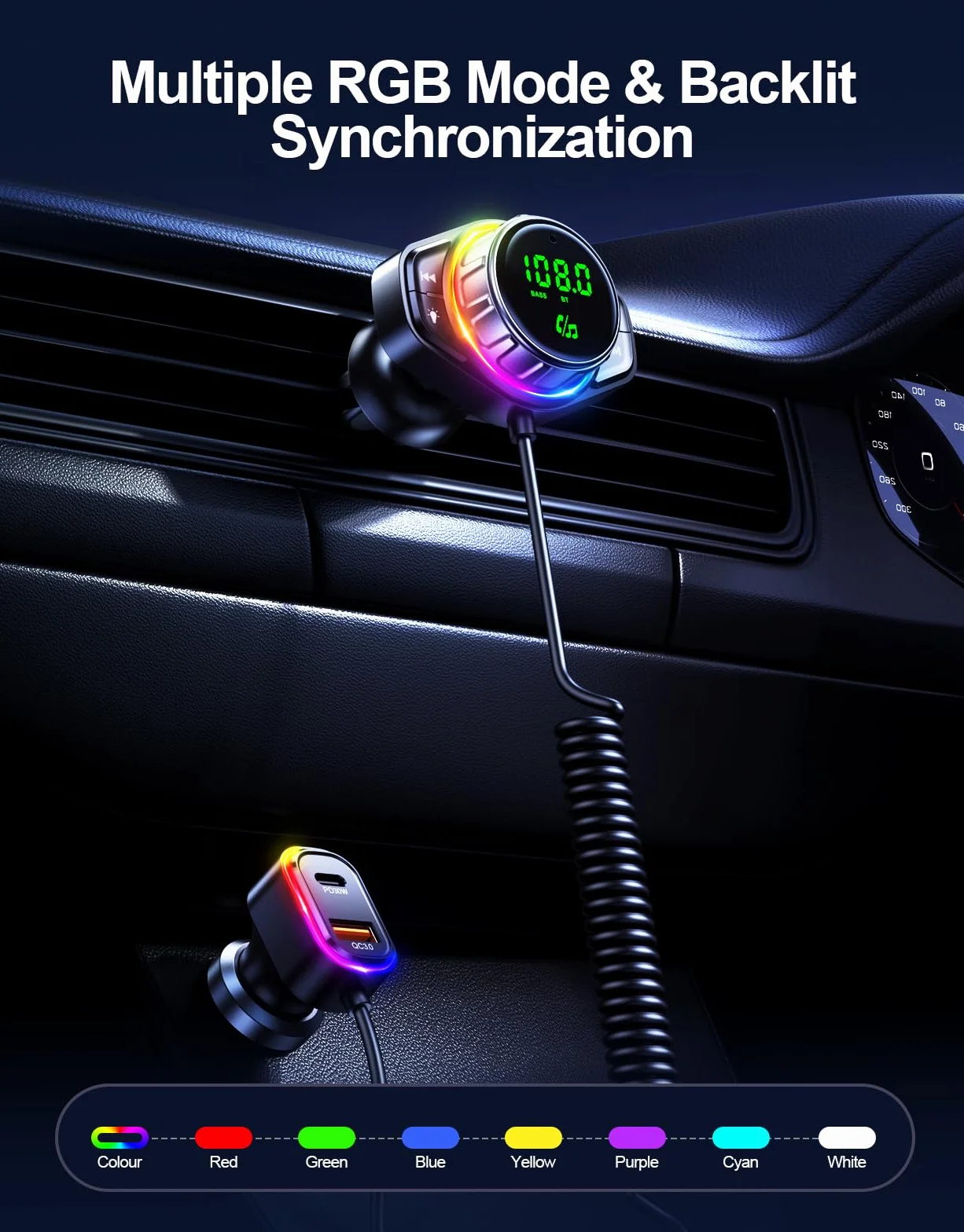 ISEYou Bluetooth Adapter do Samochodu FM 5.3 48W Podwójne USB Dźwięk HiFi Tryb Basowy Bezprzewodowe Połączenia RGB