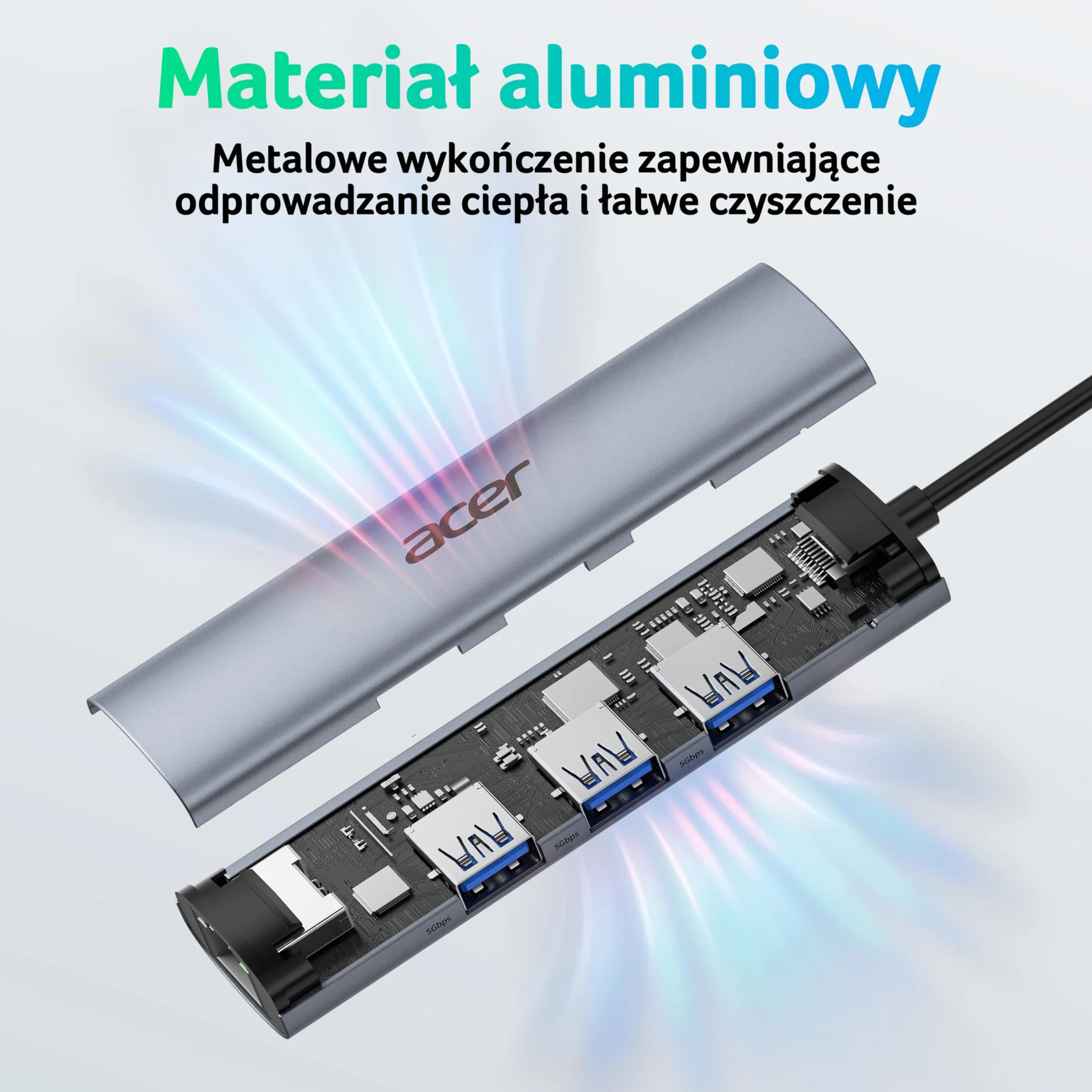 Acer Adapter Ethernet USB C, koncentrator USB A/C z 3 USB 3.0 5Gbps & LAN RJ45 1Gbps, [Bez drivera, Aluminiowy] Adapter USB do sieci dla laptopów, MacBook Pro, iPad, iPhone 16, Samsung, XPS, Myszy