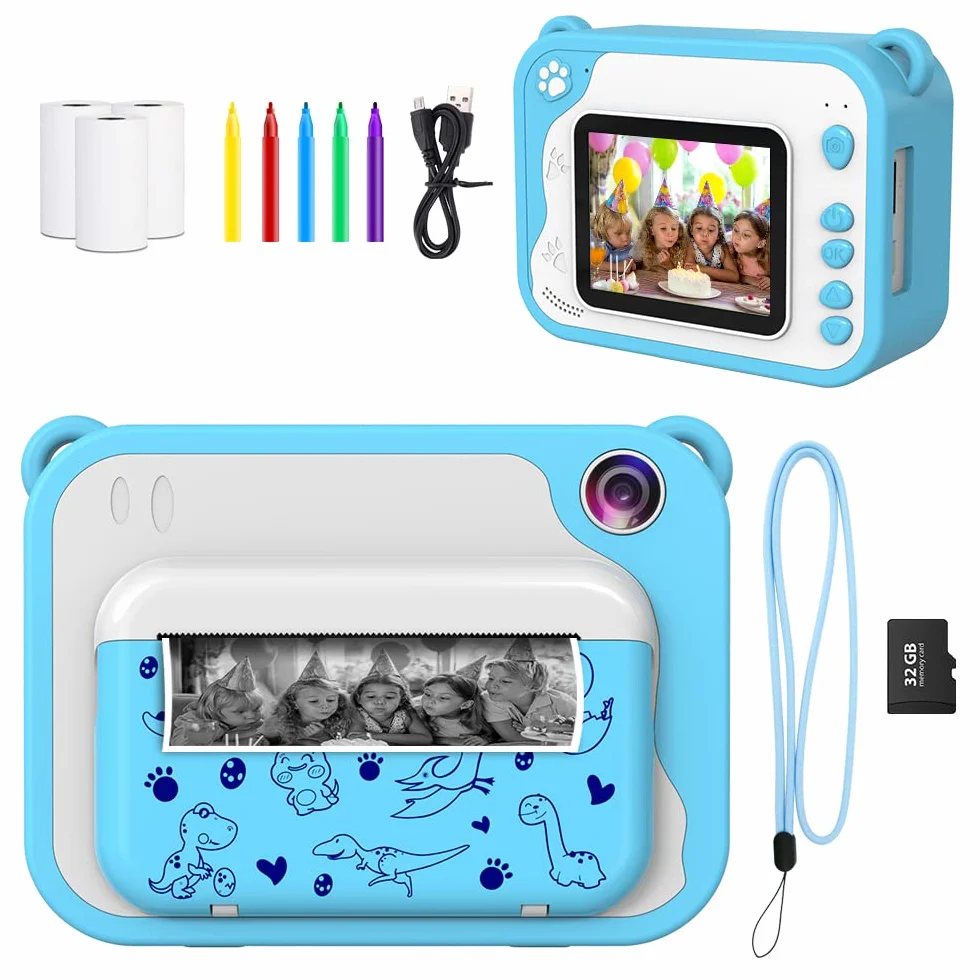 Ushining Aparat cyfrowy dla dzieci, ekran 2,4 cala, kamera wideo, czarno-biała, z kartą SD 32 GB, 3 rolki papieru do drukowania, 5 kredek, prezent dla dzieci w wieku 3-12 lat