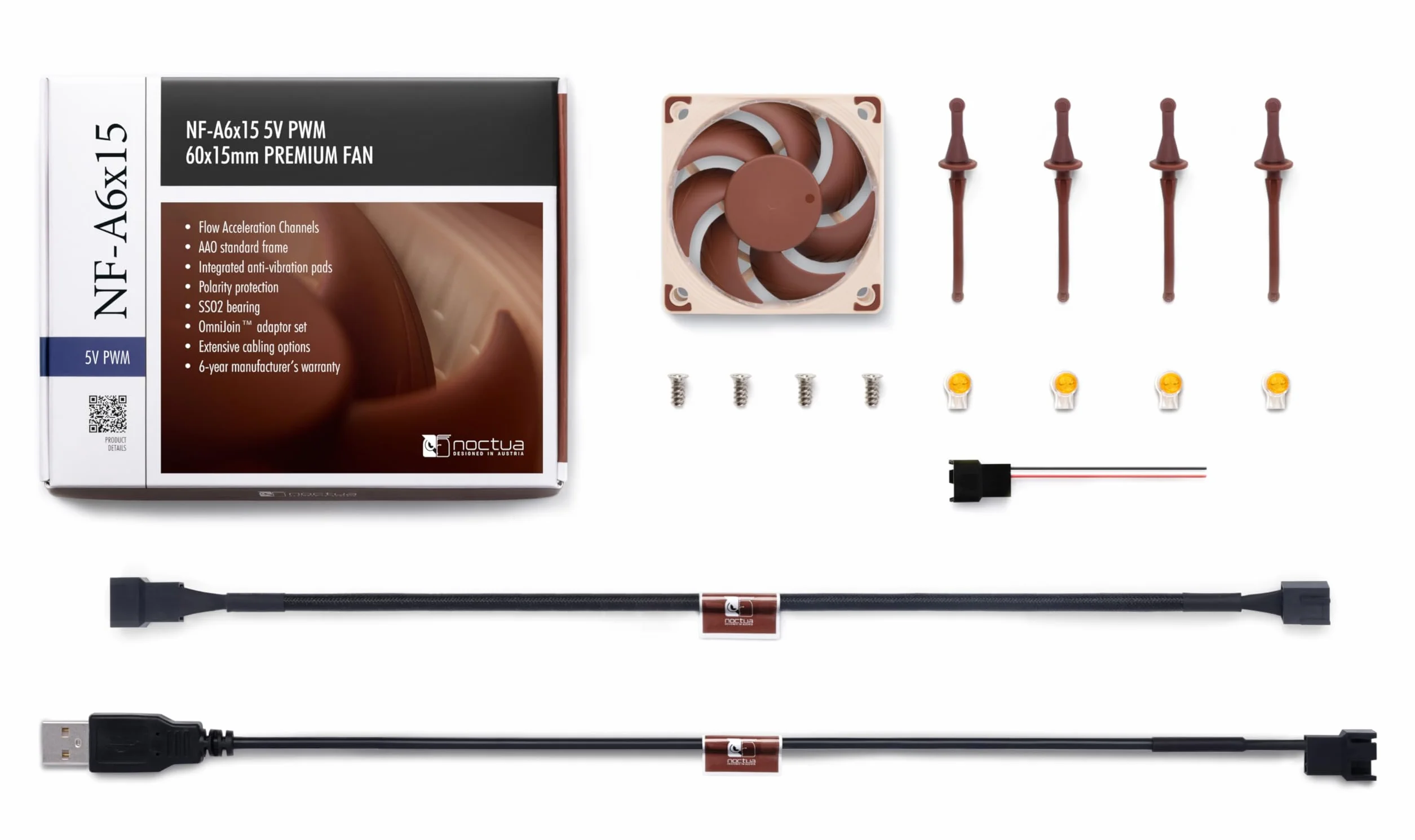 Noctua NF-A6x15 5V PWM, 4-Pinowy, Zasilany Napięciem 5 V Cichy Wentylator Slim Klasy Premium z Adapterem do Zasilania Przez USB (60x15 mm, Brązowy)