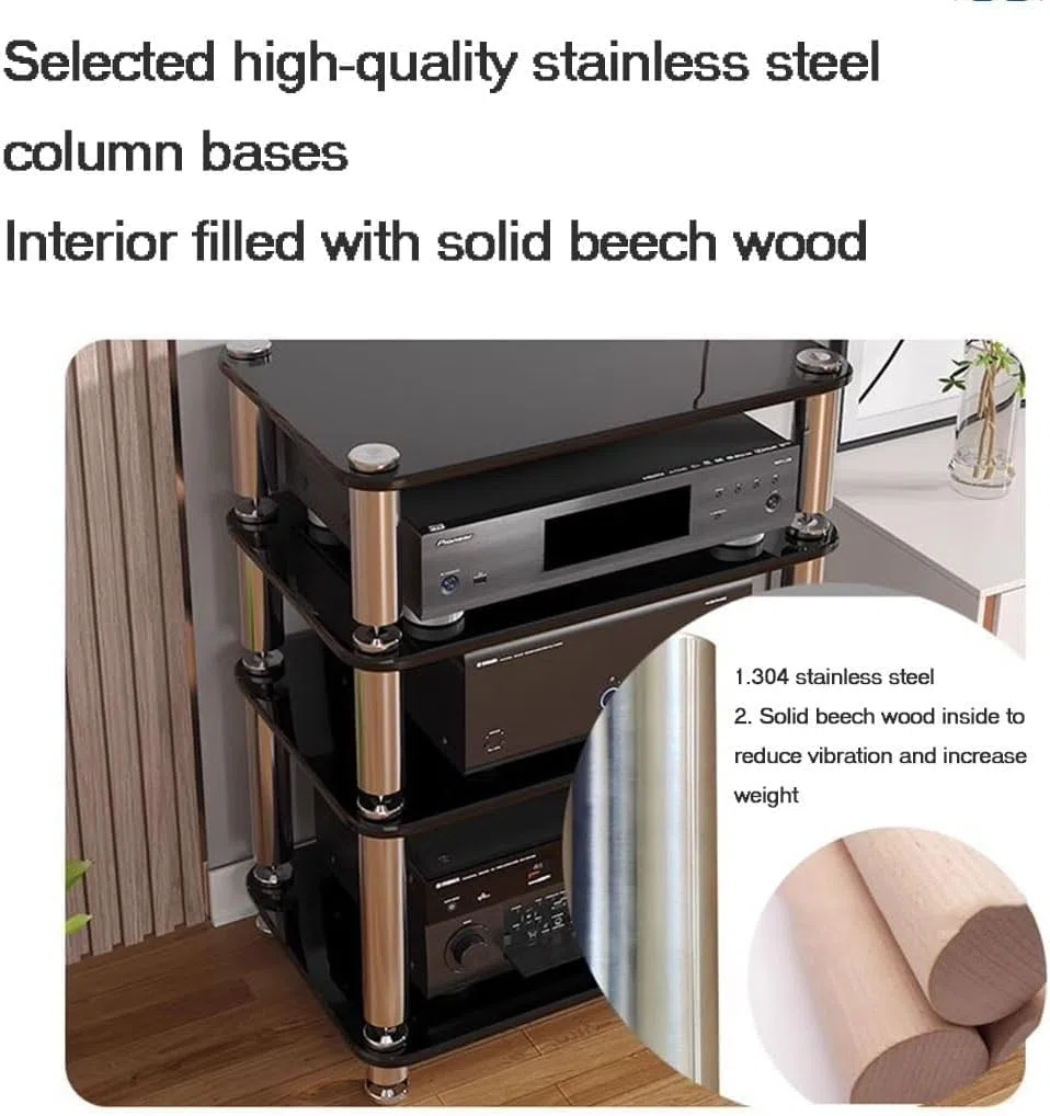 4-warstwowy stojak na szafkę audio HIFI – stojak na płyty MDF z amortyzującymi nóżkami, półka wzmacniacza mocy, solidne przechowywanie sprzętu dla audiofilów i domowej rozrywki.