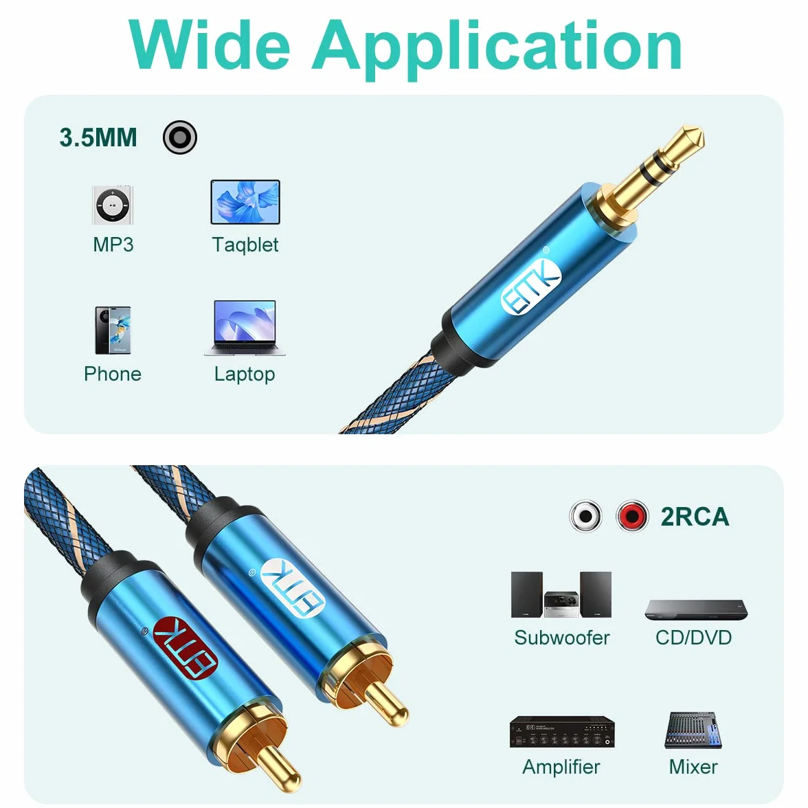 EMK Kabel 2RCA Y 3,5 mm do 2 RCA Audio Kabel Aux Nylon Pleciony męski do 2rca Kabel łączy smartfon, Luidsprekers, gramofon, TV (Straight Aux-3 m)