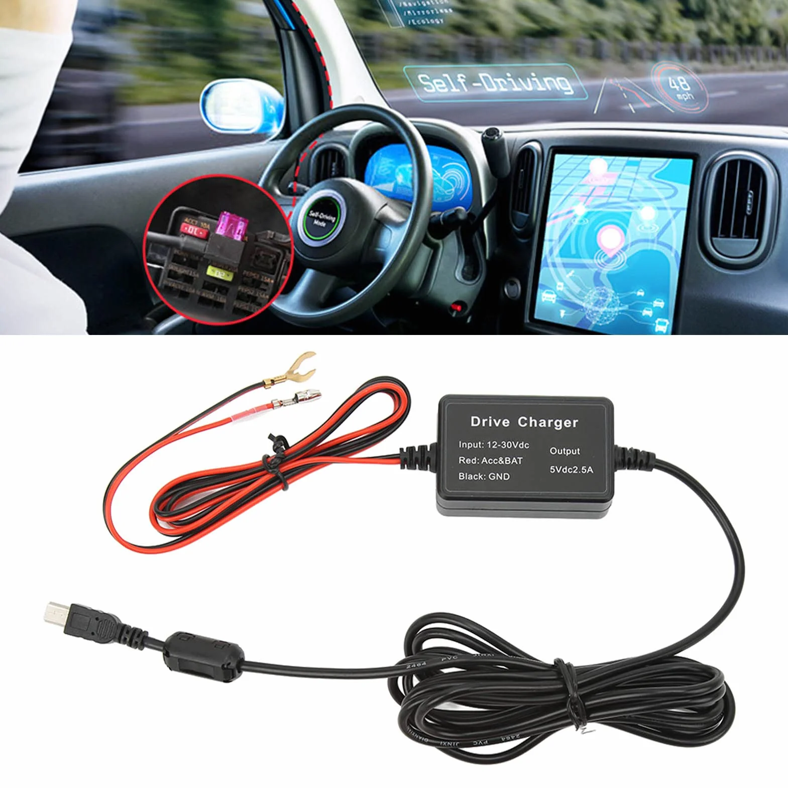 Zestaw Okablowania Kamery Samochodowej, Zestaw Okablowania Kamery Samochodowej Adapter USB 12–30 V do 5 V Zabezpieczenie Przed Niskim Napięciem Ładowarka do Kamery Samochodowej do