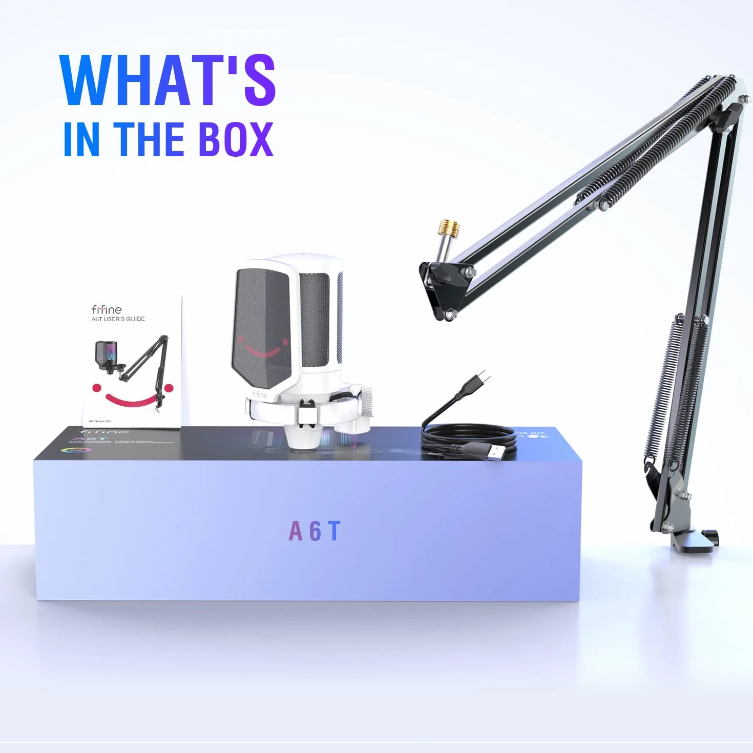 FIFINE Zestaw mikrofonowy dla graczy, USB, mikrofon pojemnościowy RGB, do komputerów stacjonarnych/ PS4/ PS5, z przyciskiem wyciszania, filtrem pop, ramieniem, uchwytem Shock Mount, A6TW