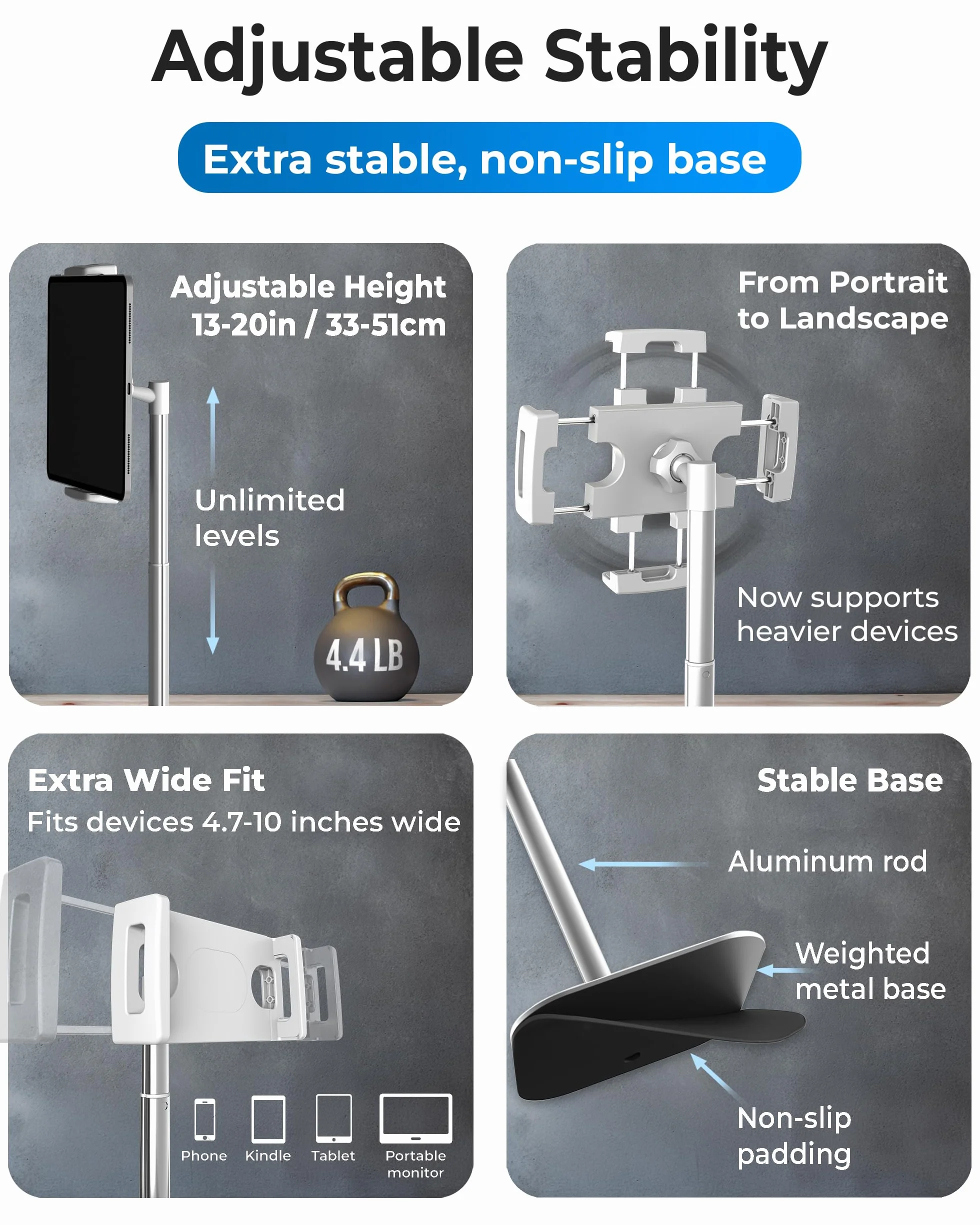 COOPER TabStand Stojak na biurko o wysokości 20", uchwyt na monitory do laptopów do 17" (2 kg), uchwyt na tablet biurkowy, mocowanie tabletu, kompatybilny z iPadem Samsung Kindle Fire Android (biały)