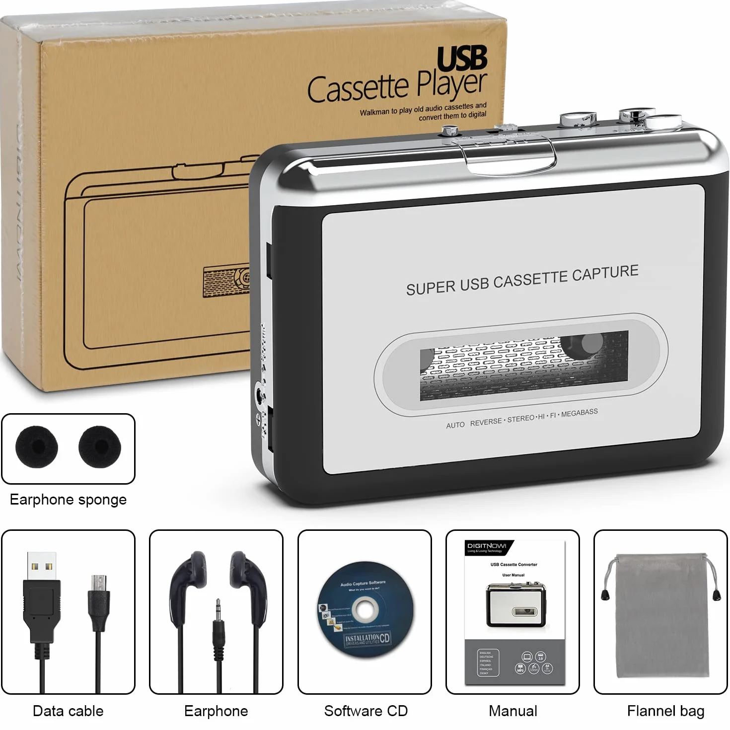 DIGITNOW! Przenośny odtwarzacz kasetowy/konwerter kasety na MP3 przechwytuje kasetę na odtwarzacz MP3/CD Audio przez USB
