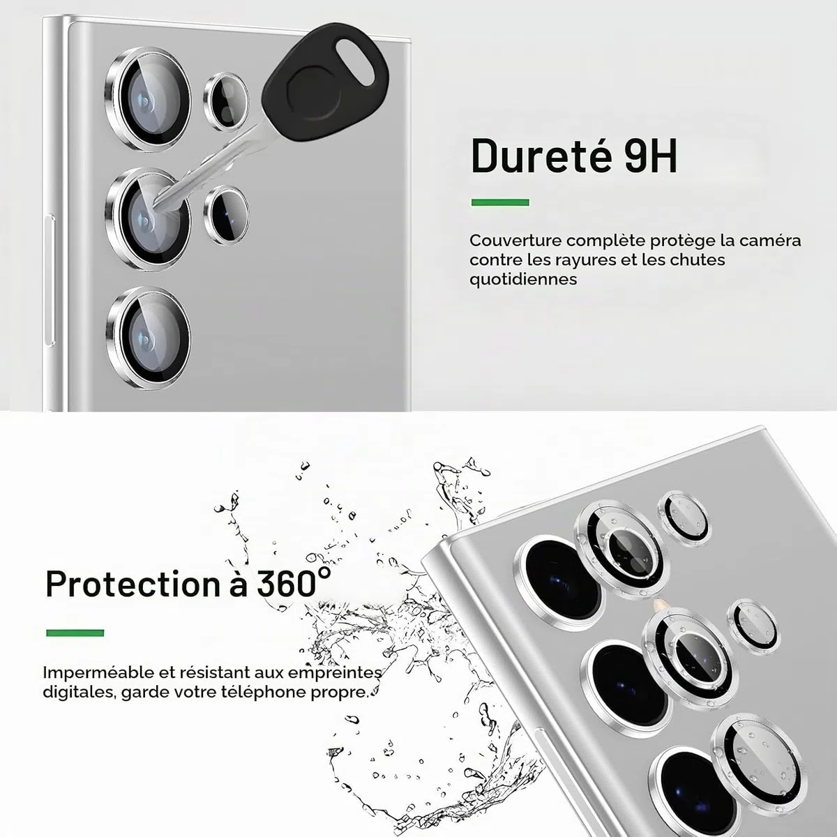 Coiwxmoi Ochraniacz na obiektyw aparatu do Samsung Galaxy S23 Ultra 5G, szkło hartowane 9H, HD przezroczyste odporne na zarysowania, aluminiowy ochraniacz na aparat 3D, srebrny
