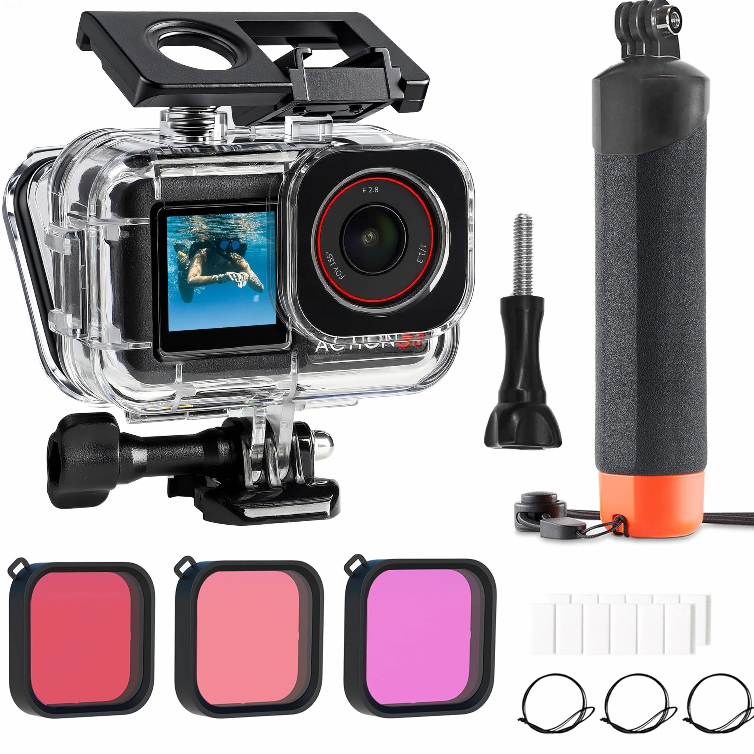 FitStill Wodoodporna obudowa 50 m i 3 filtry i pływający uchwyt ręczny zestaw kompatybilny z DJI Osmo Action 5 Pro Action 4 Action 3, snorkeling, surfowanie, wakeboarding pokrowiec ochronny zestaw