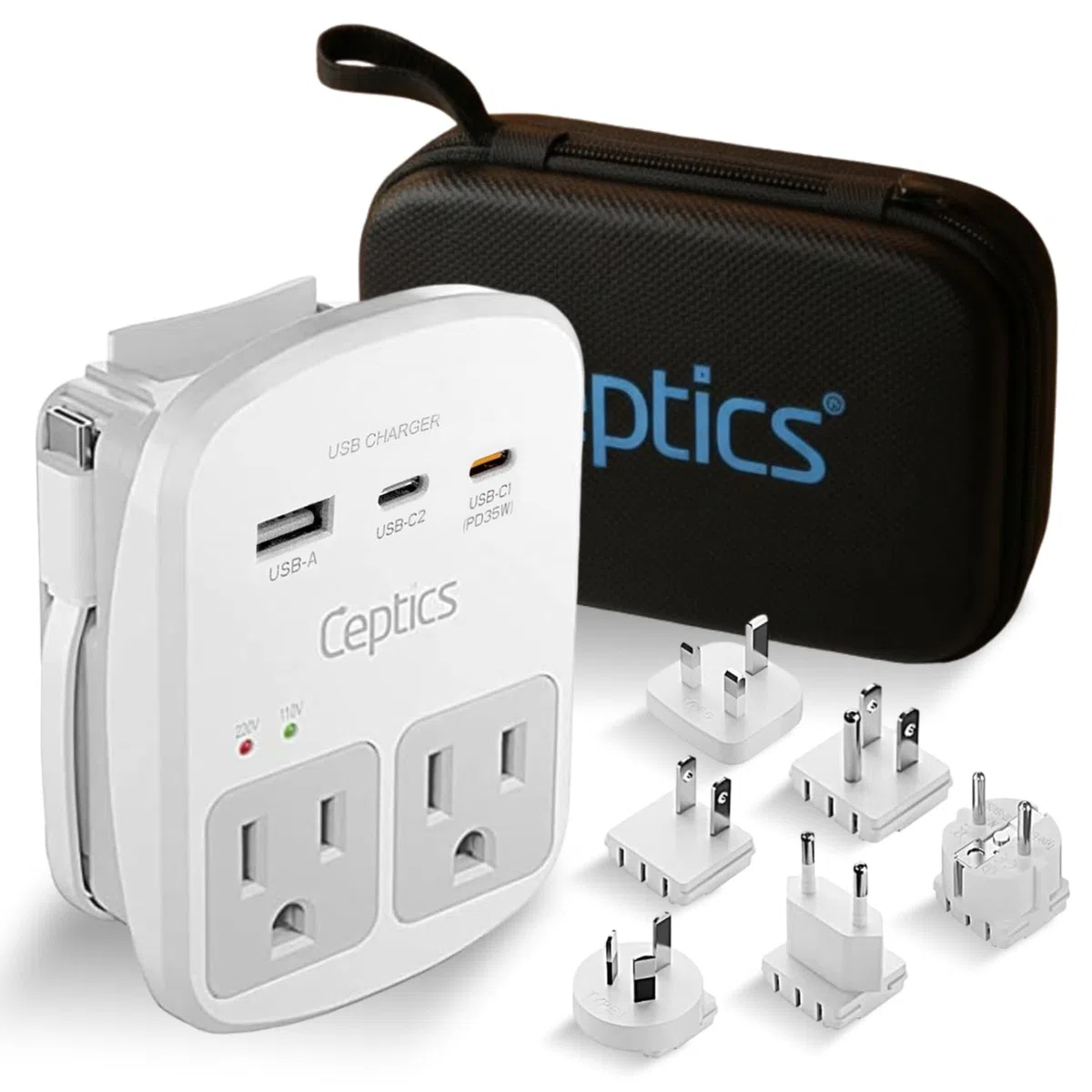 Ceptics World Zestaw adapterów podróżnych – 2 USB + 2 gniazda USA, zawiera adapter do Europy, Wielkiej Brytanii, Chin, Australii, Japonii – idealny do laptopów, telefonów komórkowych i innych urządzeń
