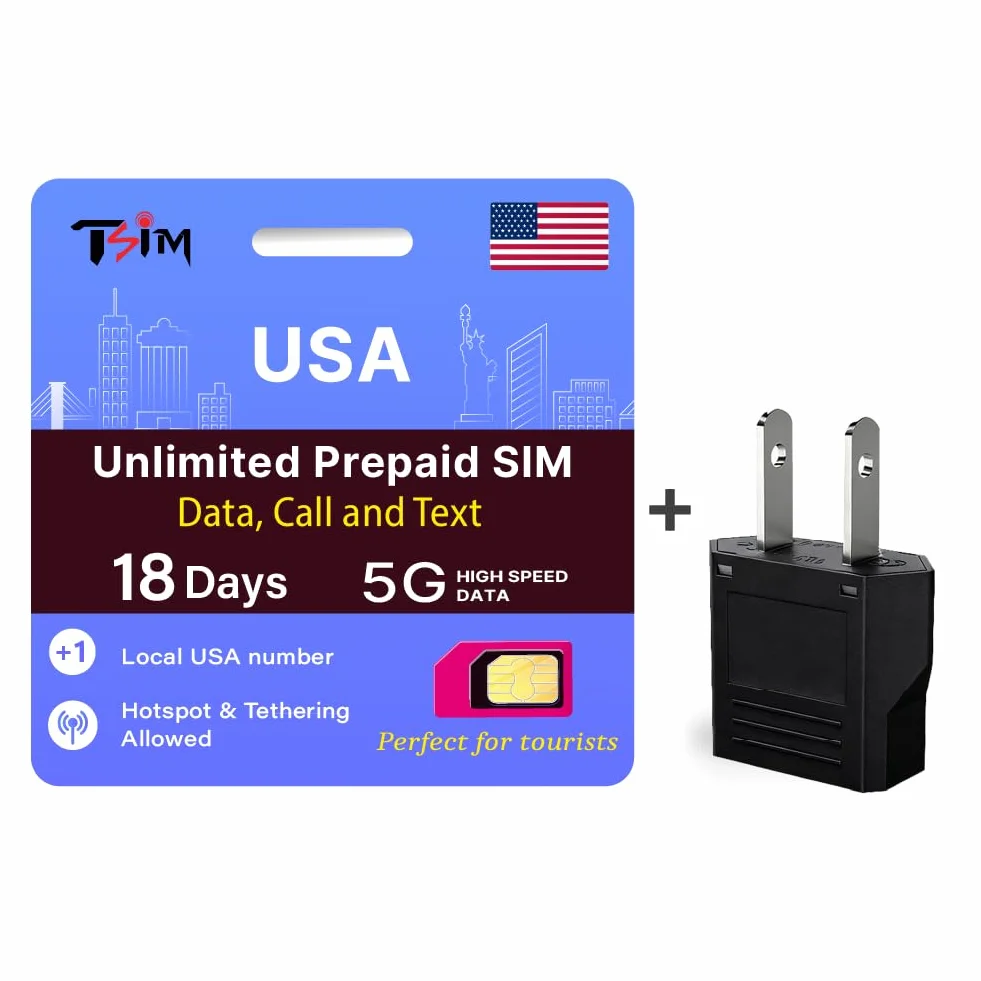 TSIM Karta SIM USA do podróży do USA + adapter wtykowy USA | sieć mobilna T-Mobile z nieograniczoną liczbą danych, połączeń i SMS-ów | przedpłacony | szybki Internet 5G/4G LTE | dozwolone tethering