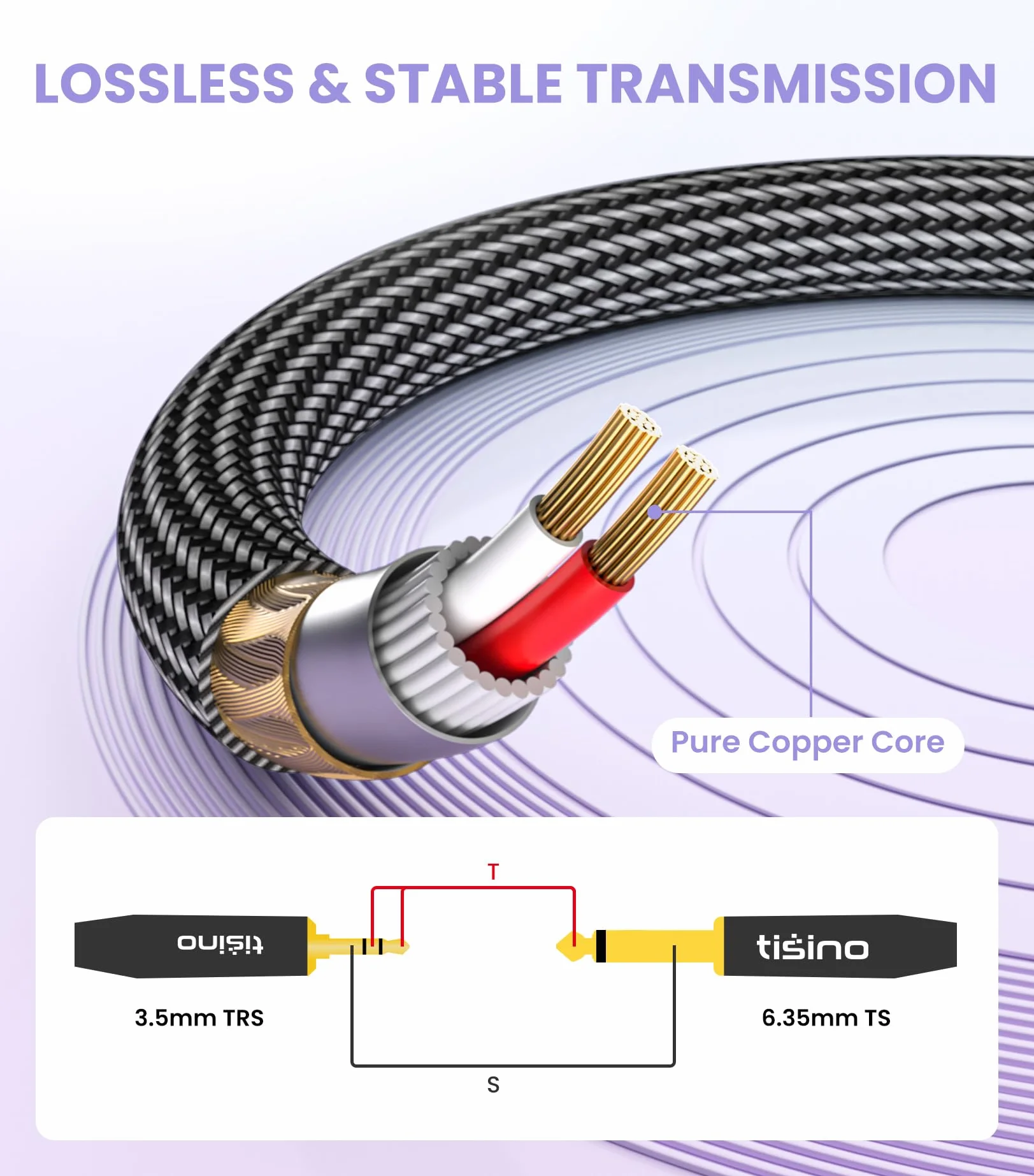 TISINO Kabel Interconnect Jack TS Mono 6,3 mm do TRS Mini Stereo 3,5 mm 2 m