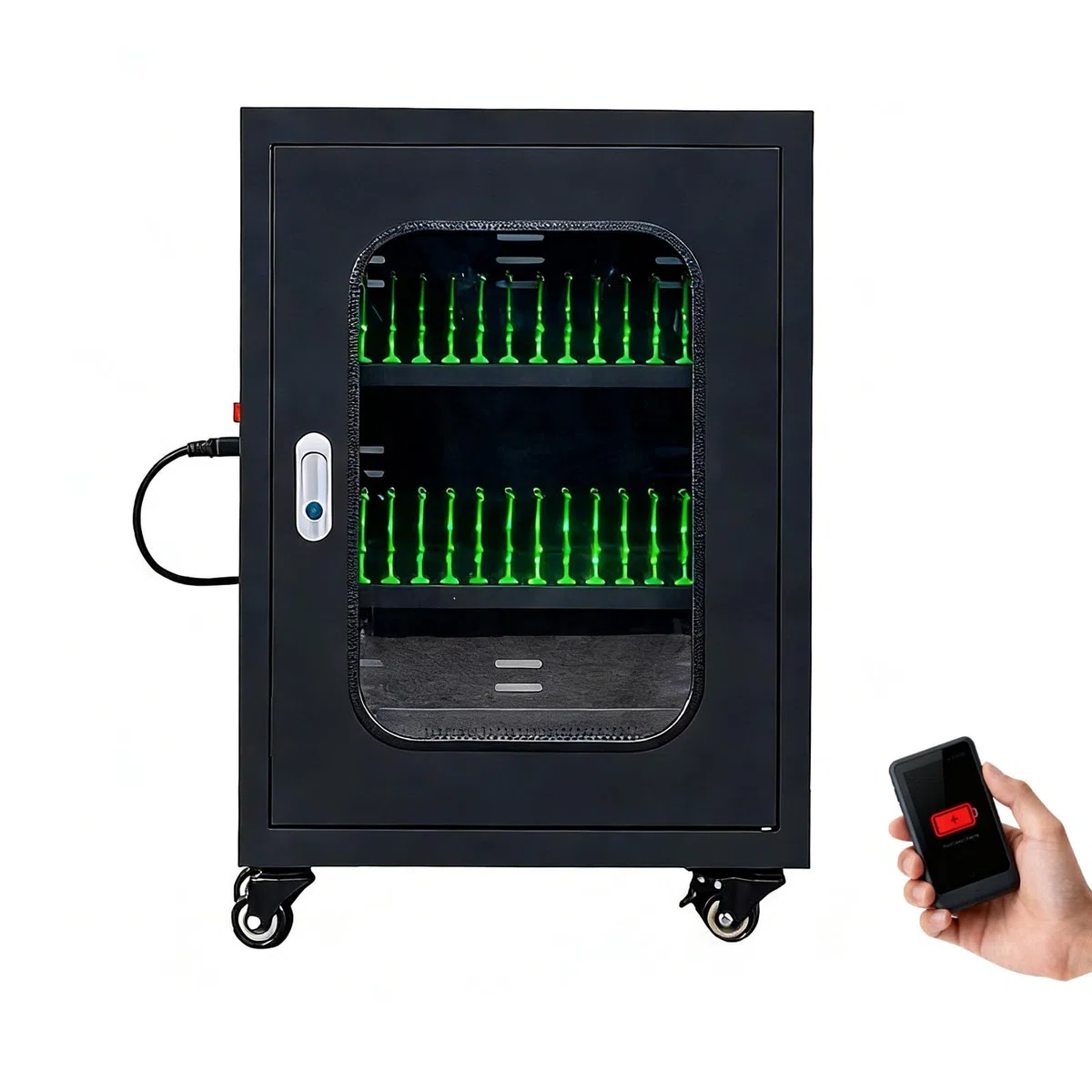 Wózek Ładujący USB 30 Portów Black | Szafka Do Ładowania Telefonów 5V/2A Z Zamykanym Schowkiem, Stacja Ładowania Urządzeń Mobilnych Do Szkół I Biur