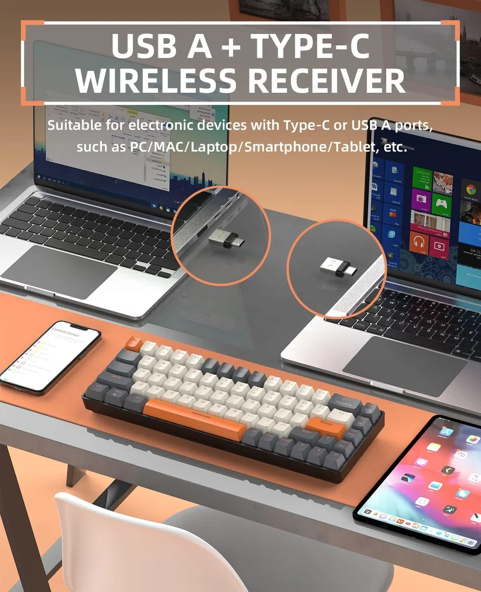 K68 60% Bezprzewodowa Mechaniczna Klawiatura do Gier,Bluetooth 5.0/2.4Ghz 68 Klawiszy Kompaktowa Klawiatura z Odbiornikiem w Dwóch Trybach,Hot Swap,Czerwone przełączniki,na PC,PS4(Zmierzch)