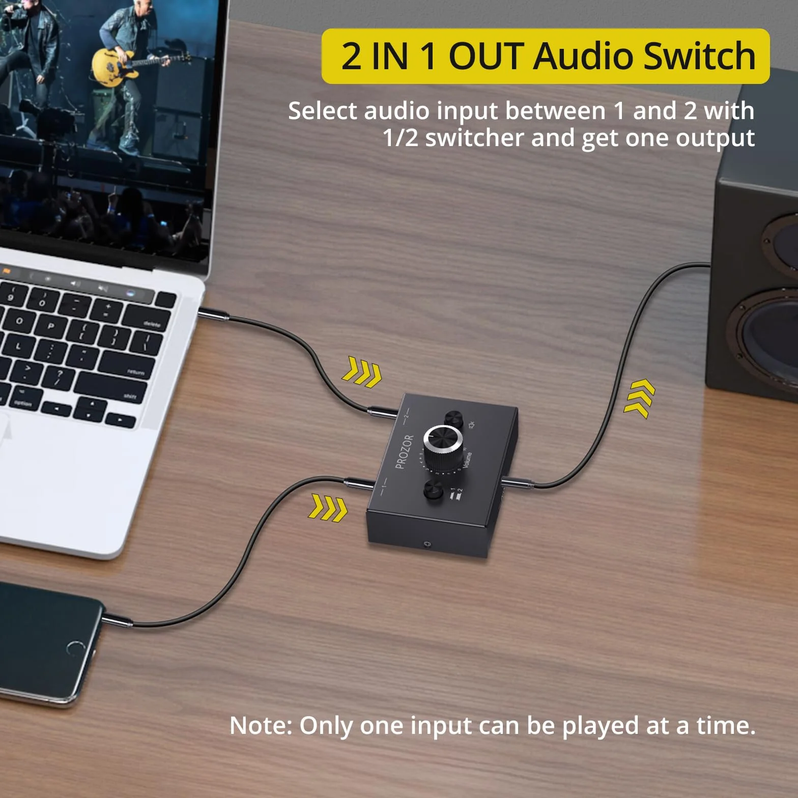 PROZOR Dwukierunkowy przełącznik audio, 3,5 mm, przełącznik audio, 2 (1) IN-1(2) Out z regulacją głośności, kabel 3,5 mm do komputera, telewizora, głośników