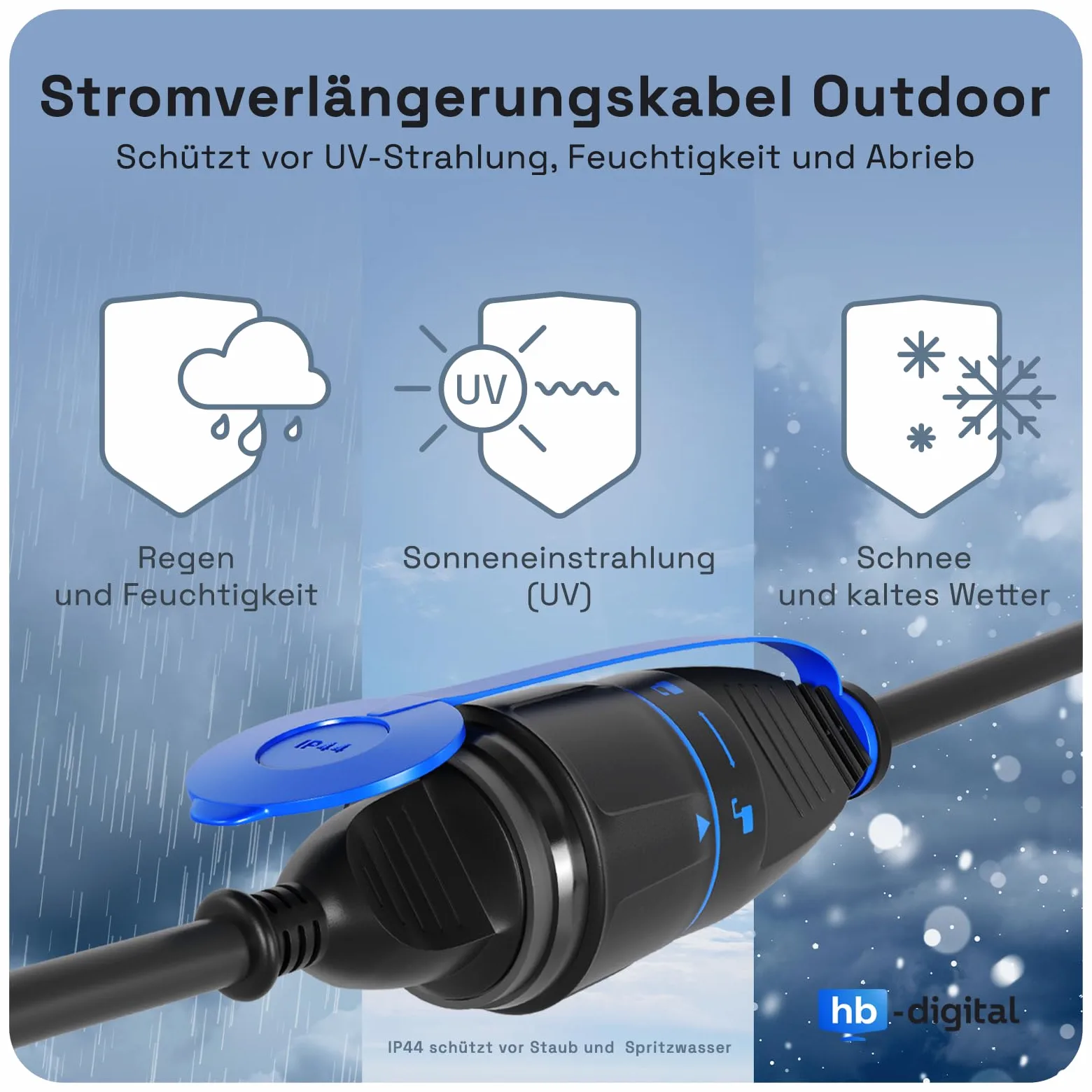 hb-digital Przedłużacz 25m z systemem blokady do użytku na zewnątrz – 250V / 16A, 3500W, HO7RN-F 1,5mm², IP44, wtyczka i gniazdo Schuko – czarny