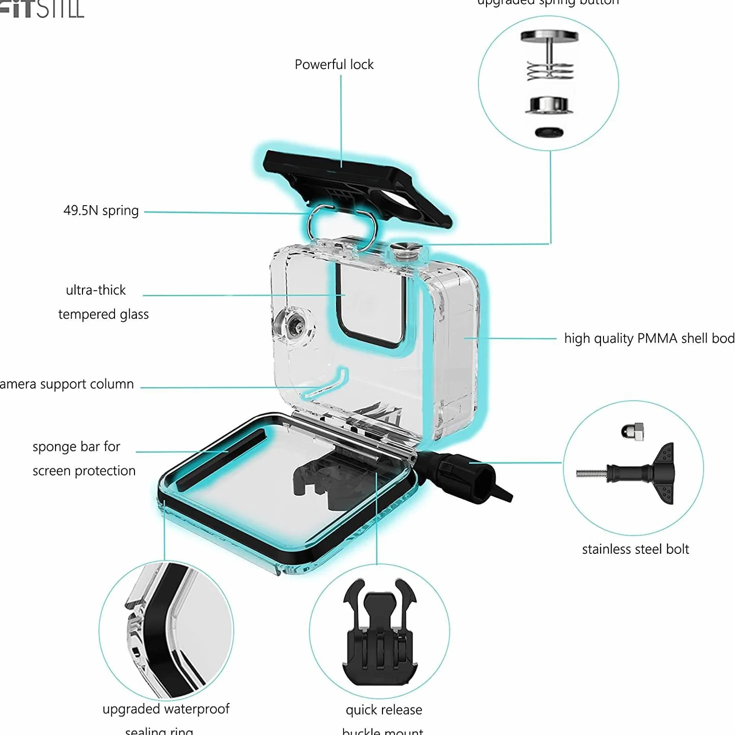 FitStill Wodoszczelna obudowa do Go Pro Hero 12/11/10/9 Black z uchwytem do nurkowania