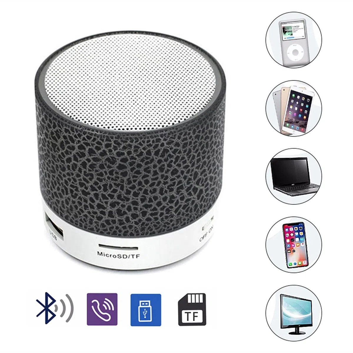 Części głośnika Głośnik Bluetooth Mini głośnik bezprzewodowy Crack LED Karta TF USB Subwoofer Przenośna kolumna dźwięku muzycznego MP3 na telefon komórkowy na PC (kolor: czarny) little surprise