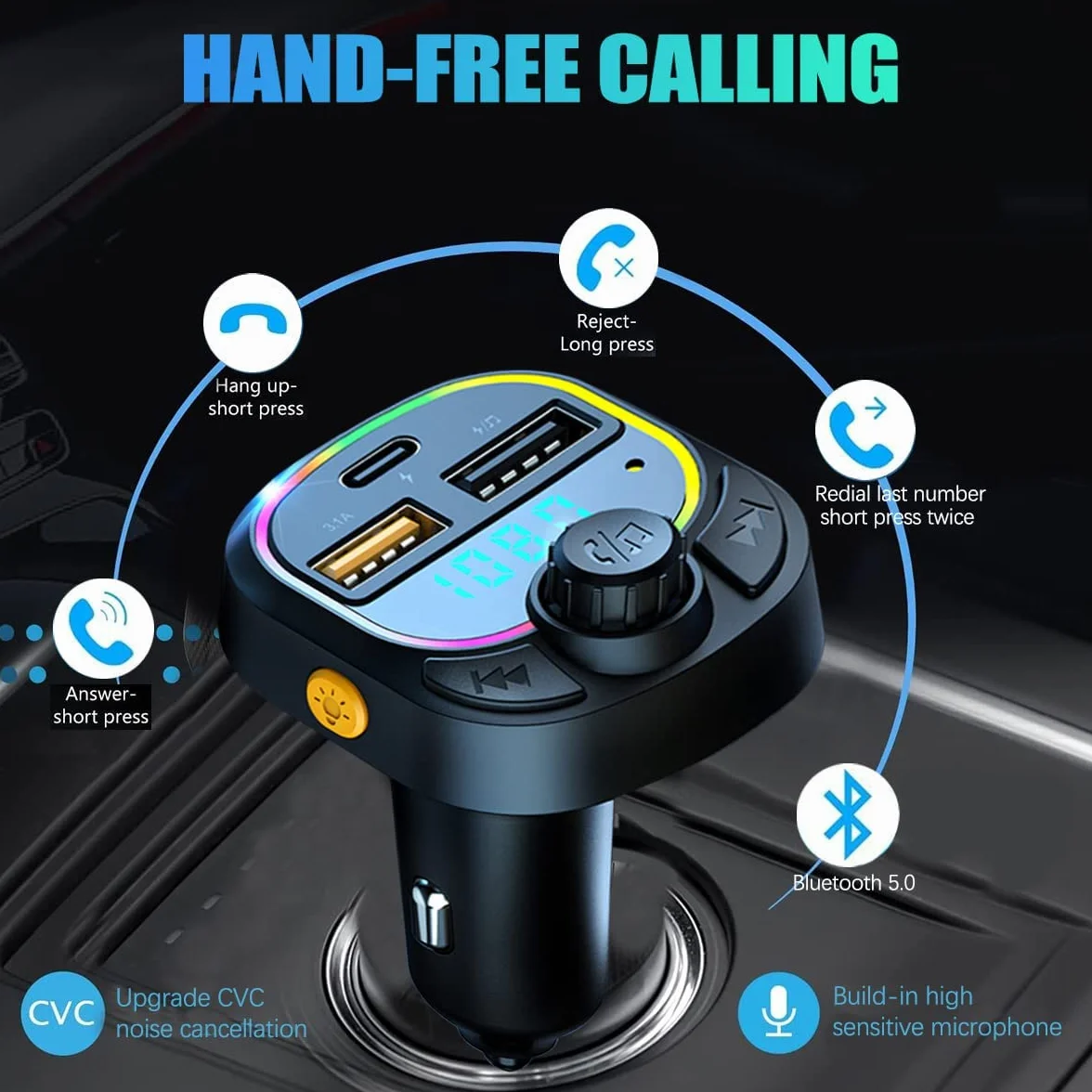 Adapter samochodowy Bluetooth 5.0 FM z QC3.0 Type-C 5V/3.1A