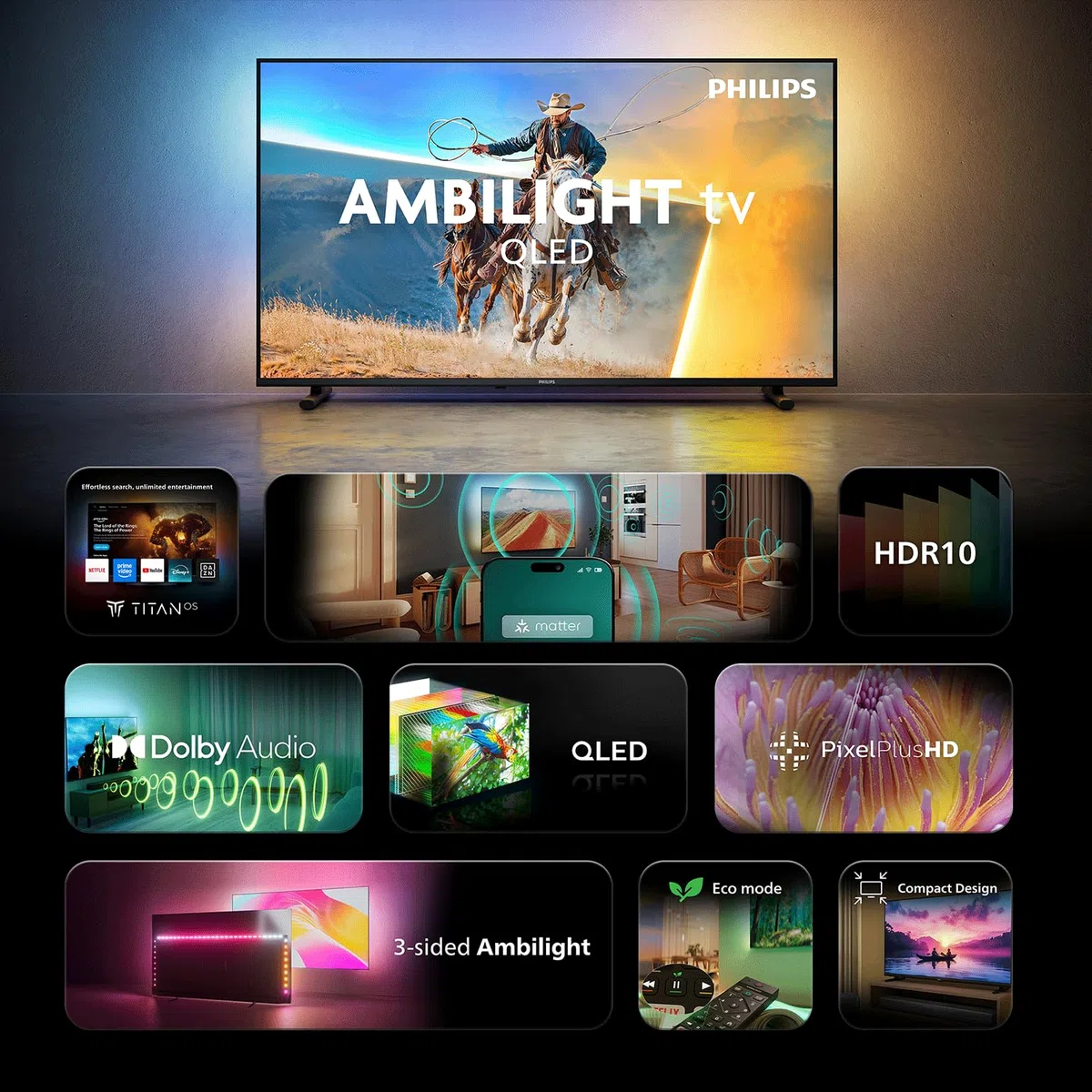 PHILIPS 32PQS6901/12 Smart TV 4K QLED Ambilight, 32 cale, Pixel Precise Ultra HD, Titan OS, Dolby Audio