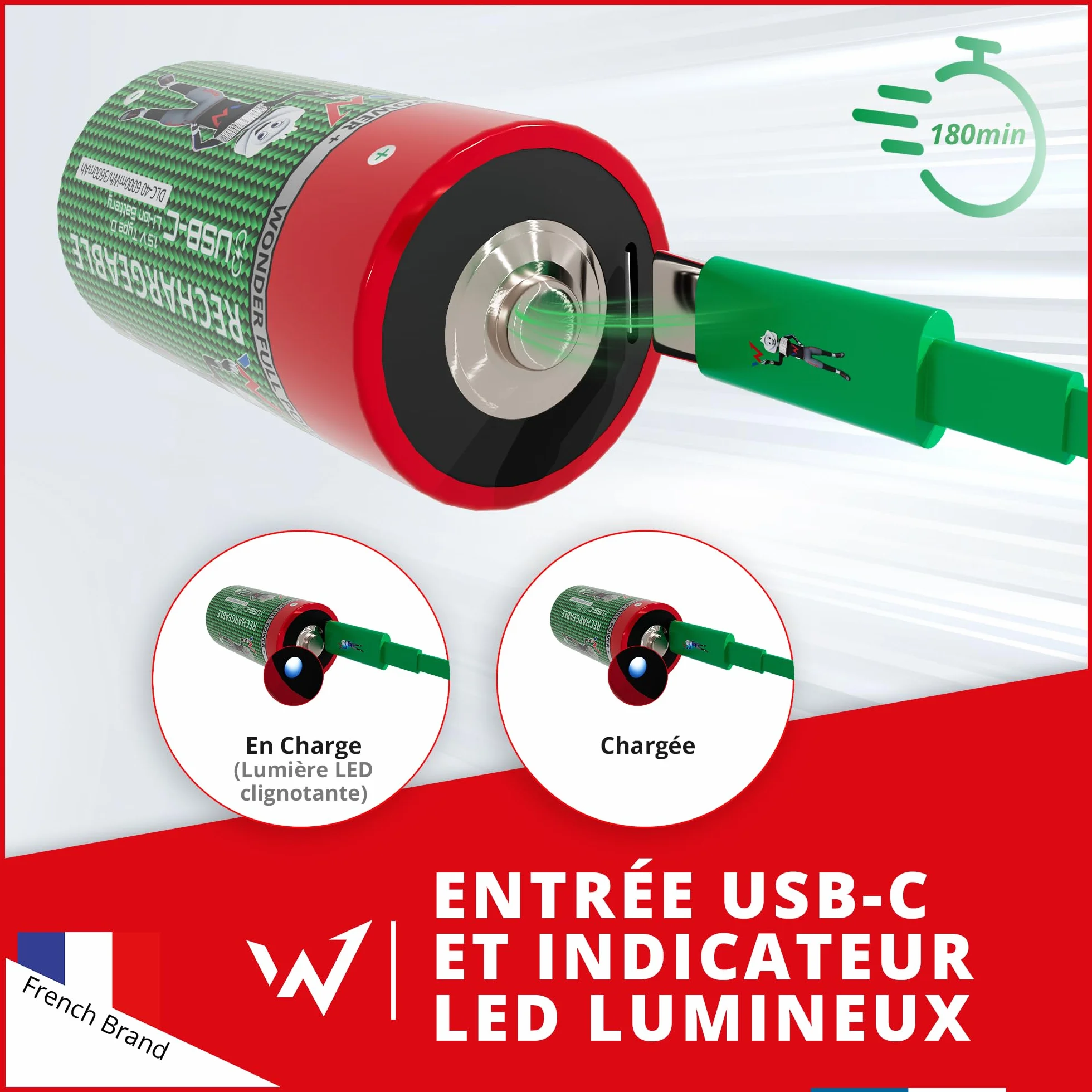 Wonder Full Energy - Baterie D / LR20 - Do ładowania przez USB-C - Kabel USB-C w zestawie - Długotrwały - 1,5V, 6000mWh, 3600mAh - 2 baterie