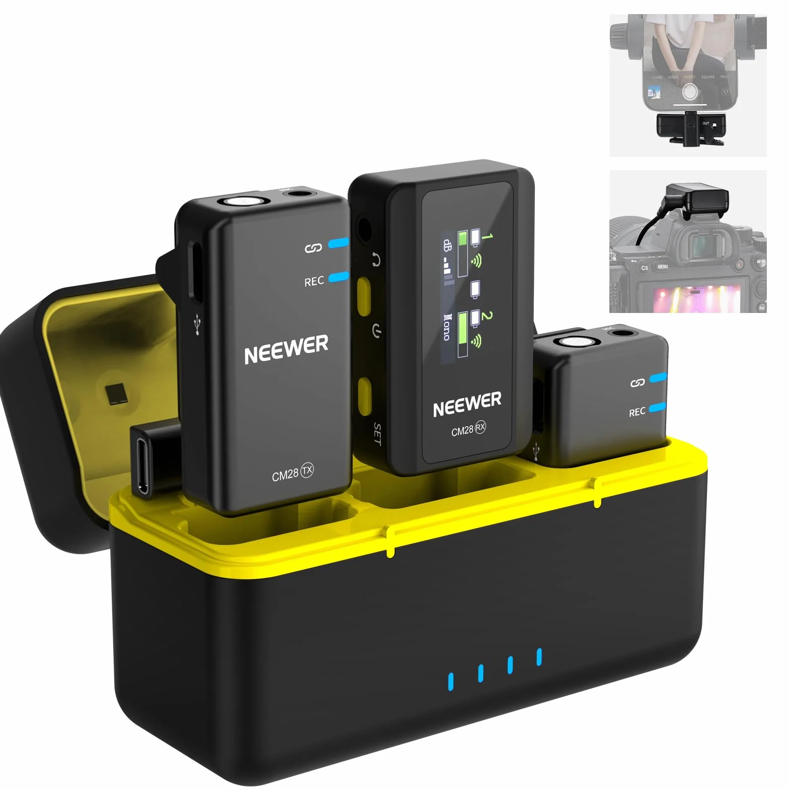 NEEWER CM28 bezprzewodowy system mikrofonowy Lavalier z etui do ładowania, redukcja szumów 1 kliknięcie, pamięć 4 GB na 9 godzin nieskompresowanego mikrofonu 48 kHz 16-bitowego audio, kompatybilny z
