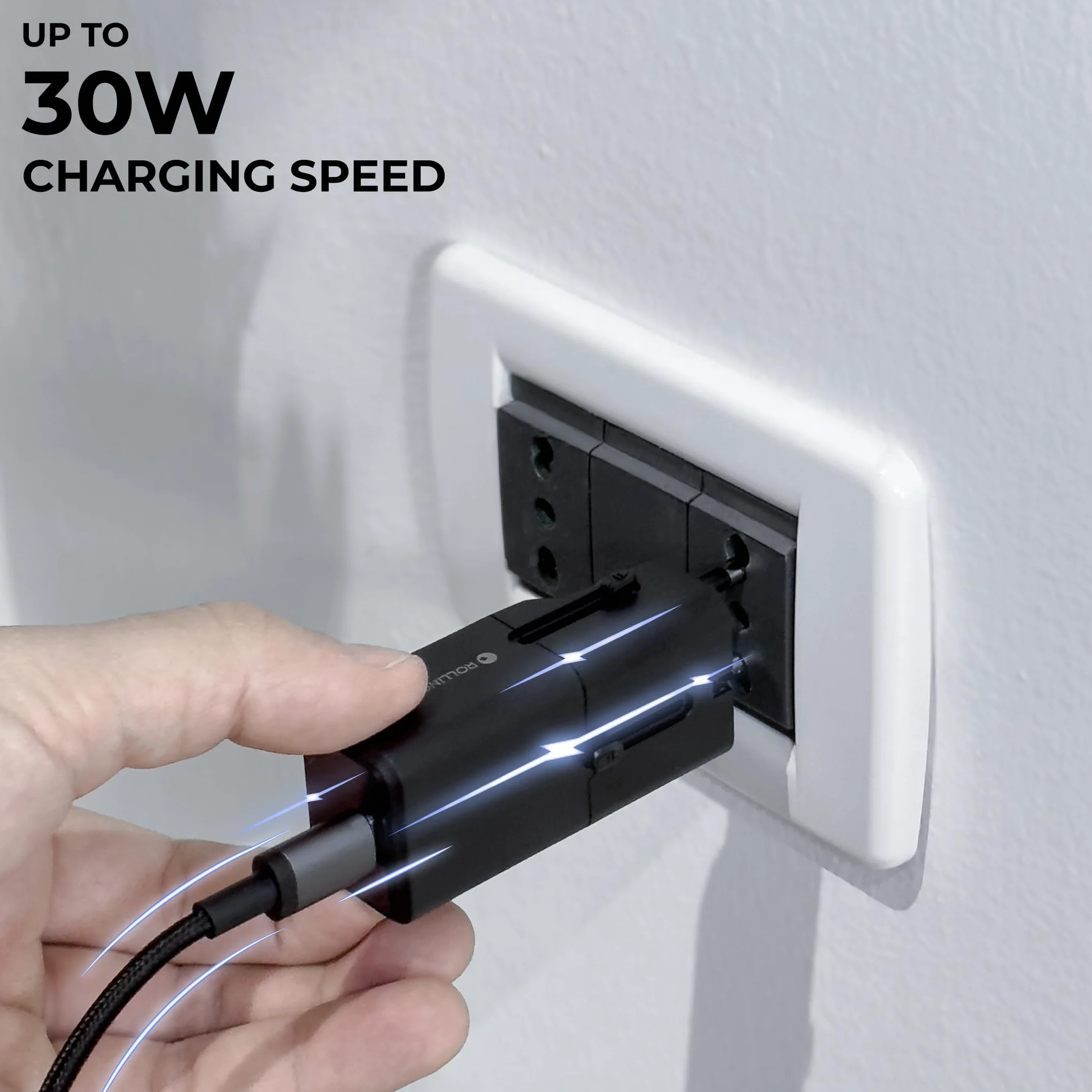 Rolling Square Pocket Travel Adapter – uniwersalny adapter do ładowania z USB-C do ponad 200 krajów US, UE, UK, AU, wtyczka z szybkim ładowaniem 30 W do smartfonów, tabletów i innych, kompaktowy i