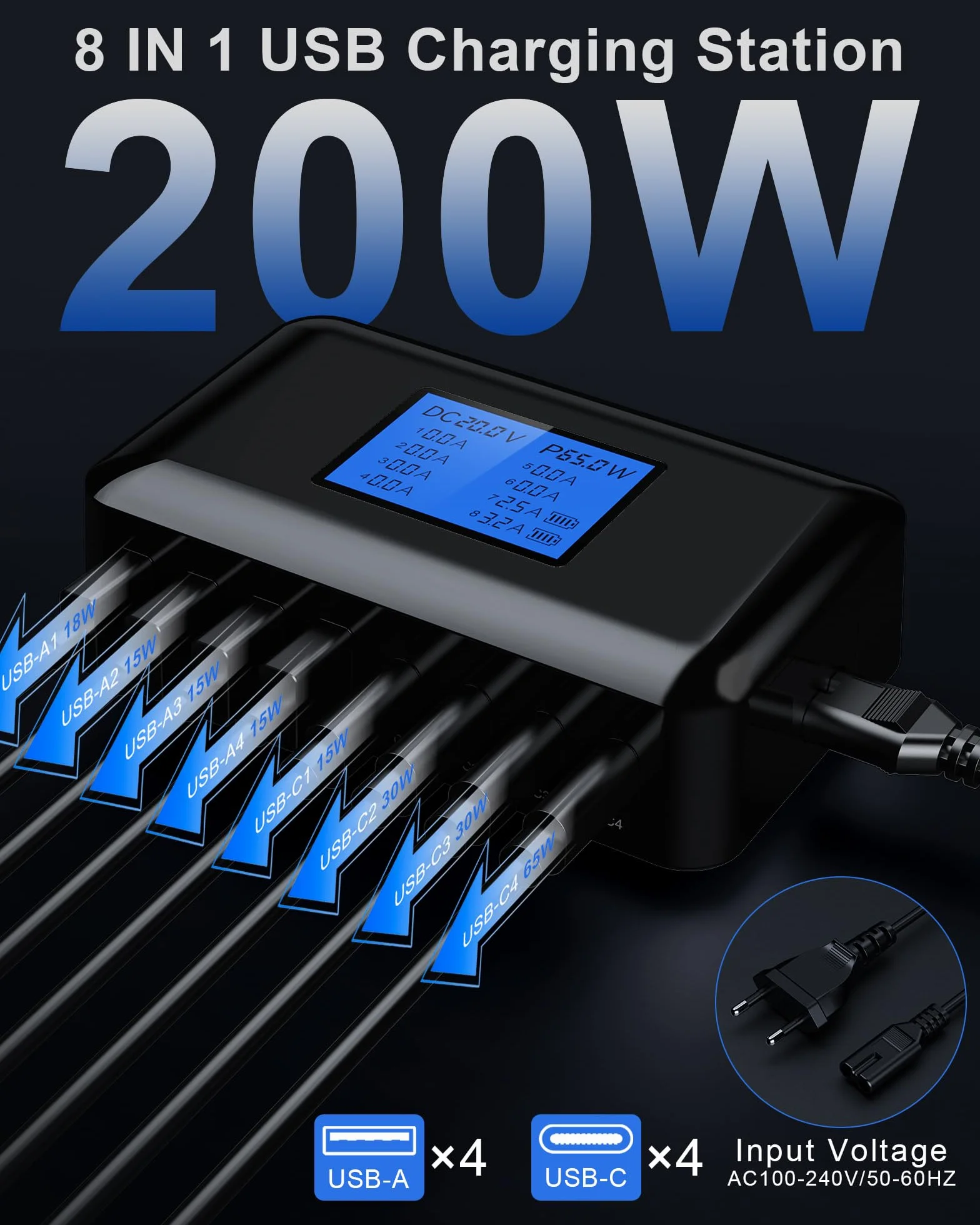 200 W Ładowarka USB C Multiple RENGOGA 8-portowa ładowarka USB z wyświetlaczem LED GaN Stacja ładująca Zasilacz do Macbooka iPhone 15 14 iPad Pro Air Samsung Galaxy Google Pixel - czarny